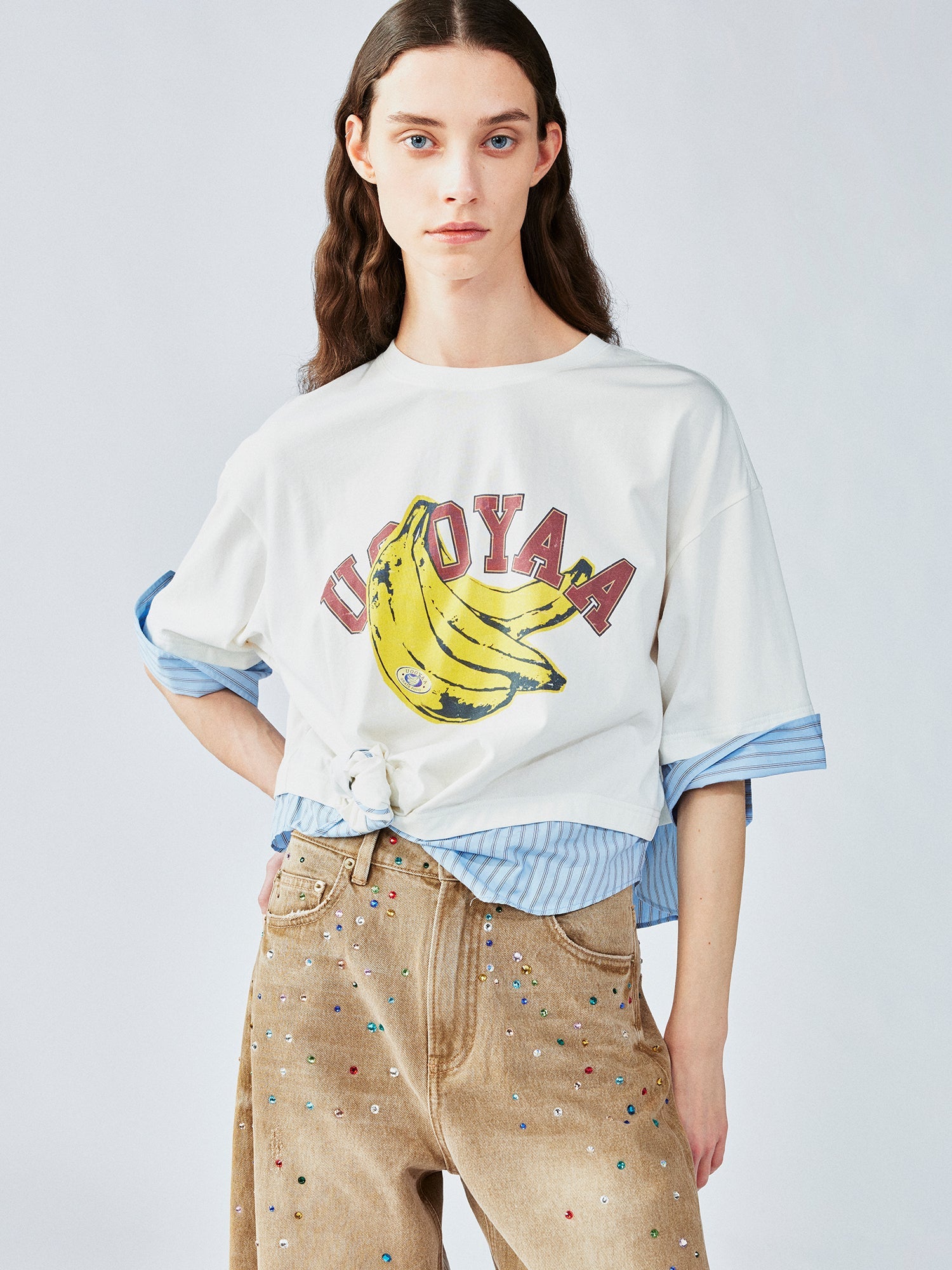 3D twist faux two-piece shirt t-shirt