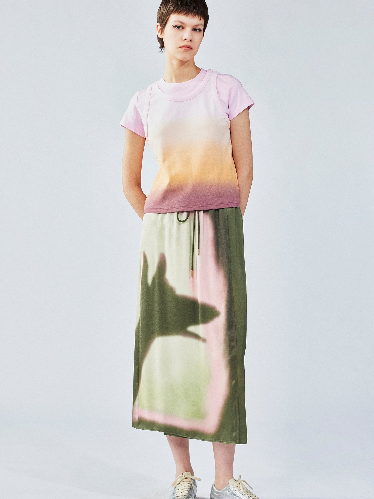 Shadow play print wrap skirt