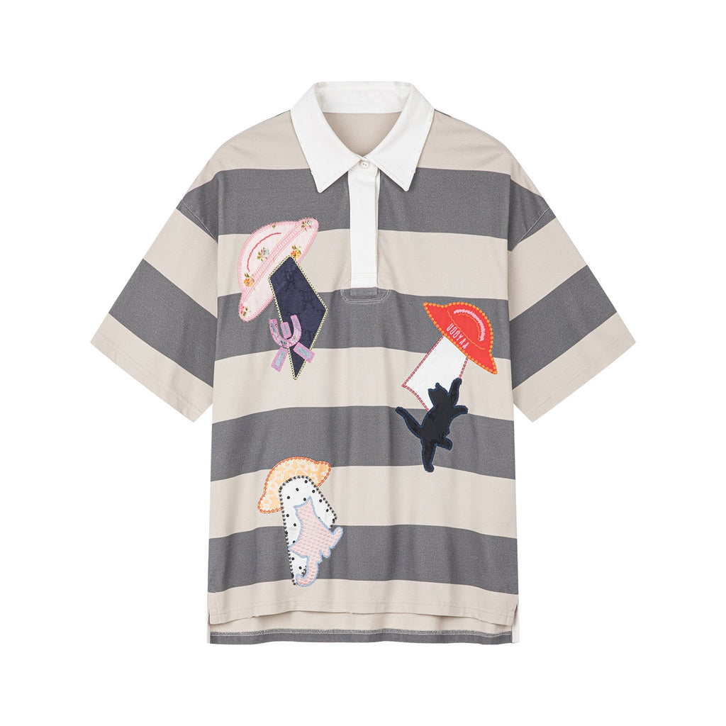 UFO cat appliqué polo tee
