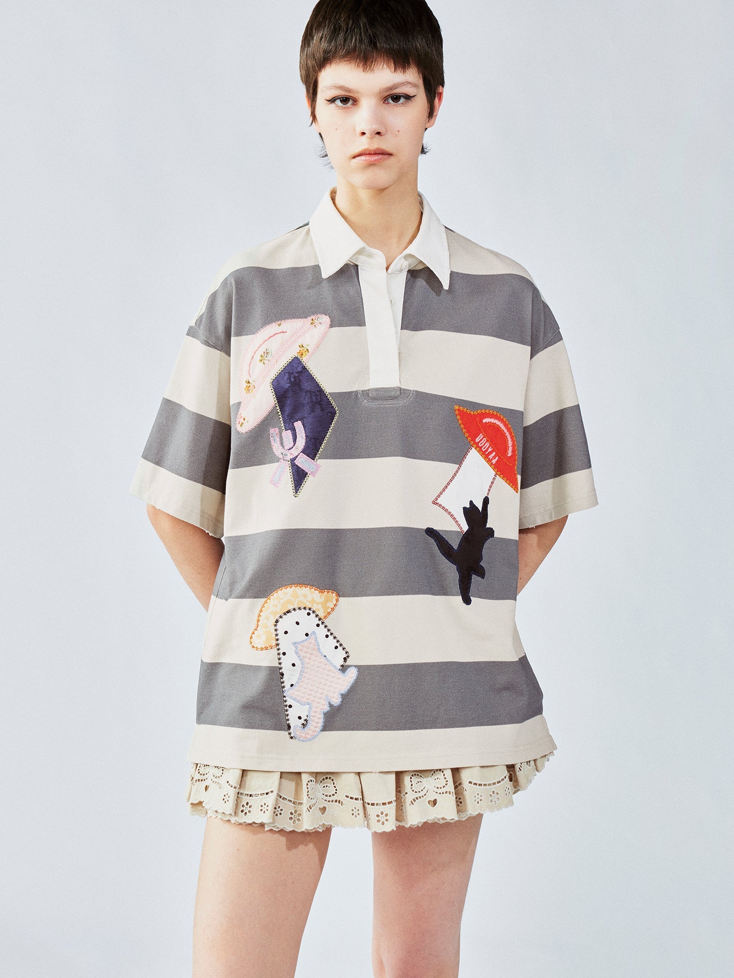 UFO cat appliqué polo tee