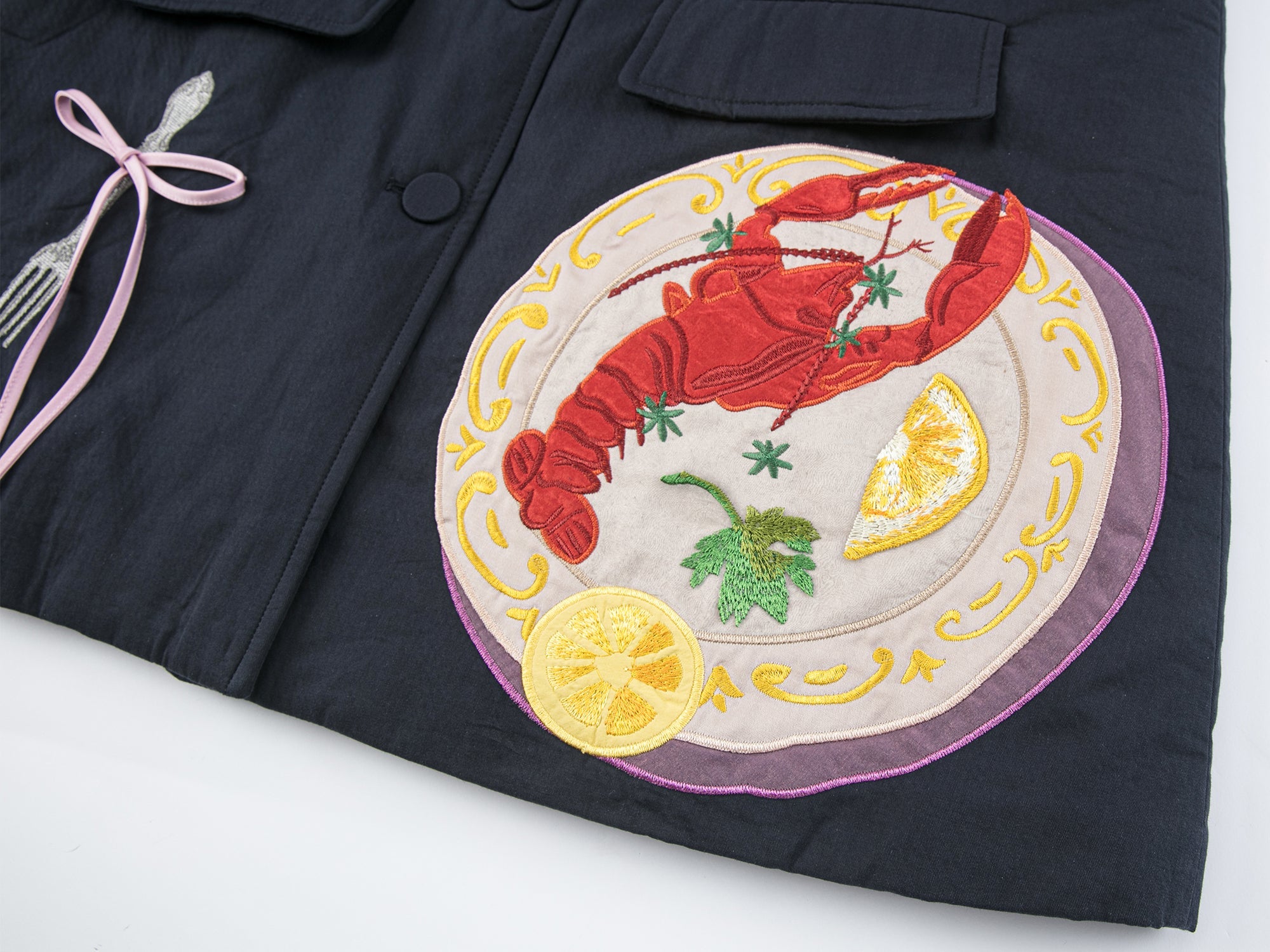 Padded jacket with love and food appliqué embroidery