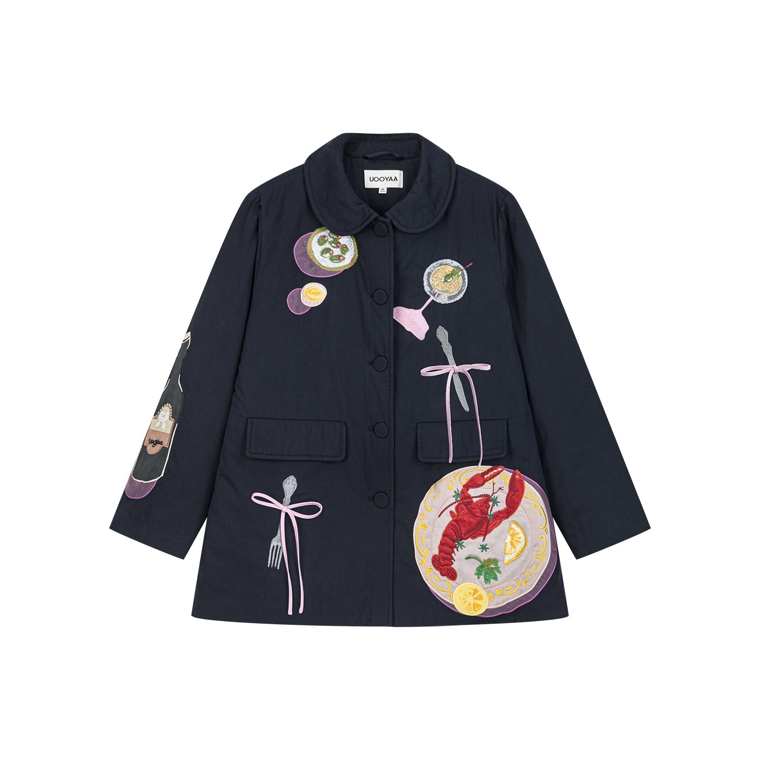 Padded jacket with love and food appliqué embroidery