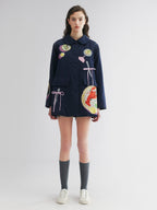 Padded jacket with love and food appliqué embroidery