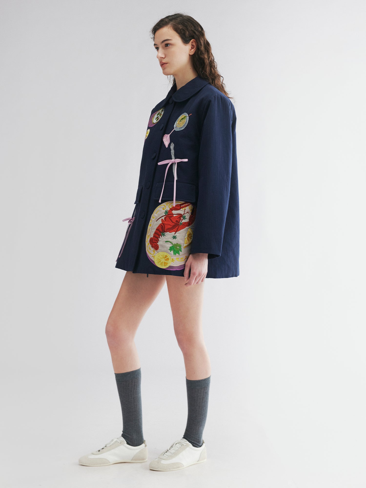 Padded jacket with love and food appliqué embroidery
