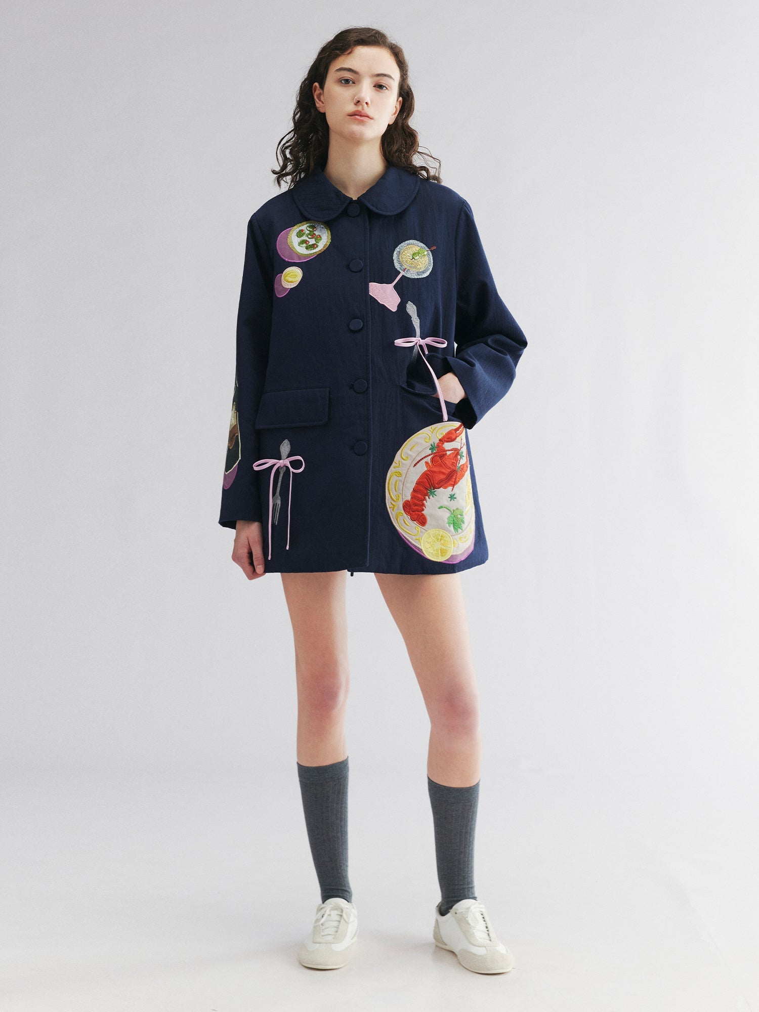 Padded jacket with love and food appliqué embroidery