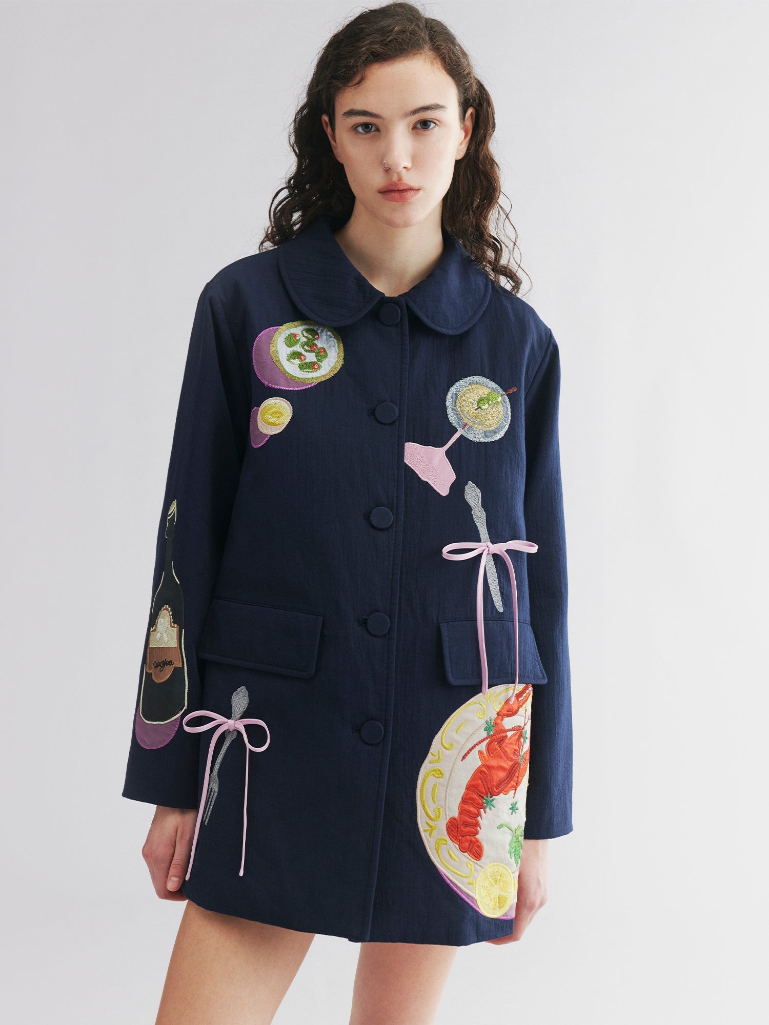 Padded jacket with love and food appliqué embroidery
