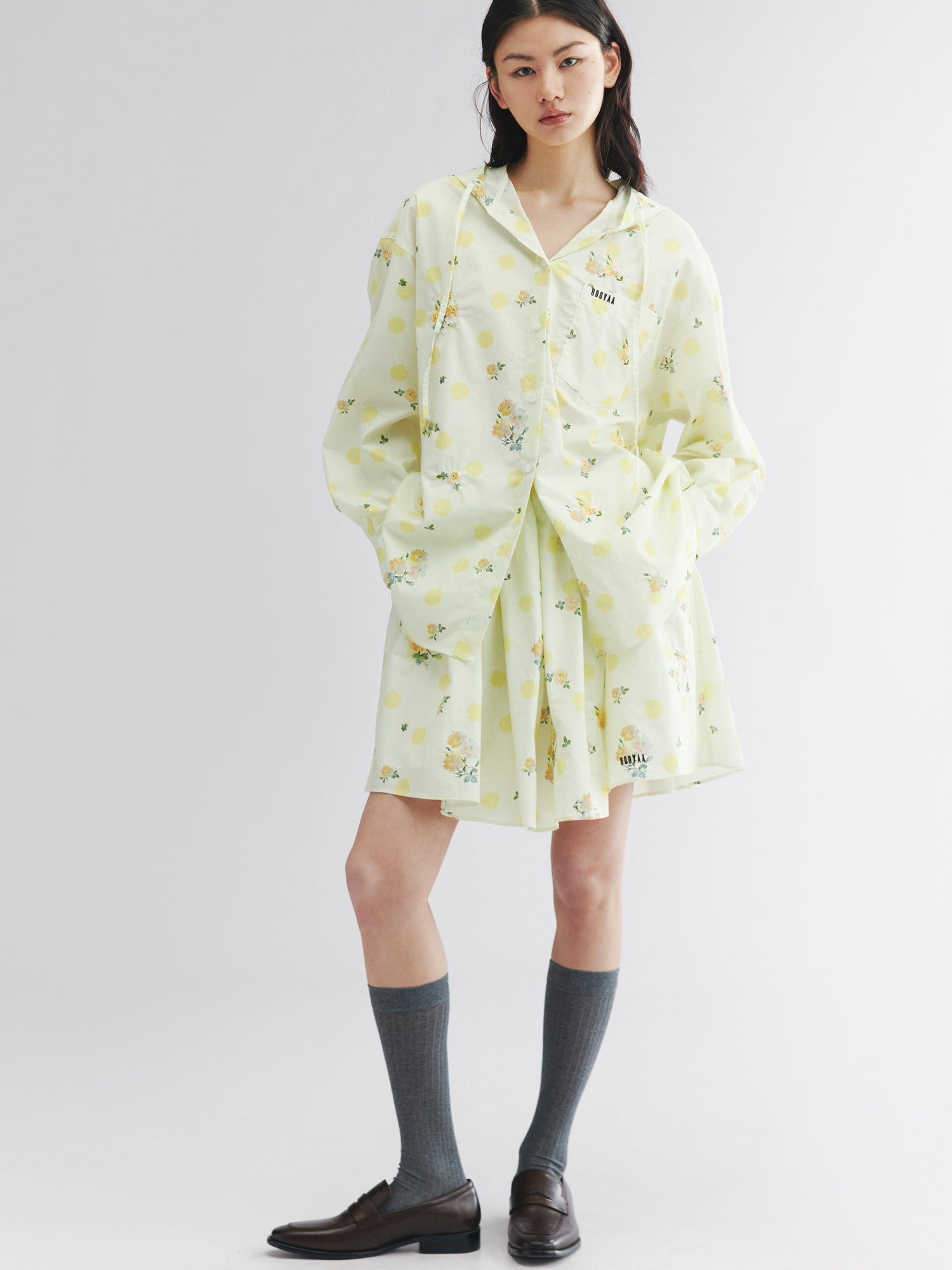 Yellow floral print hoodie shirt