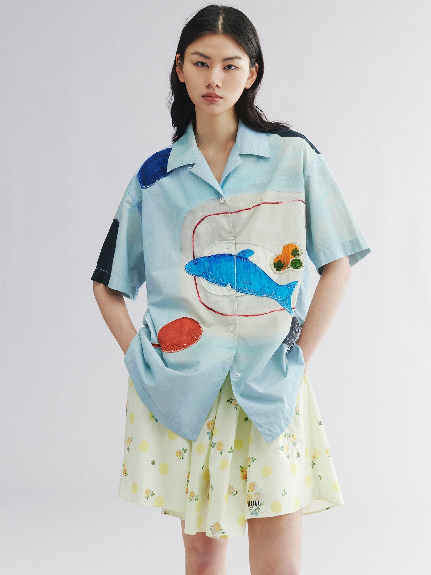 Hand-drawn fish-on-plate graphic shirt