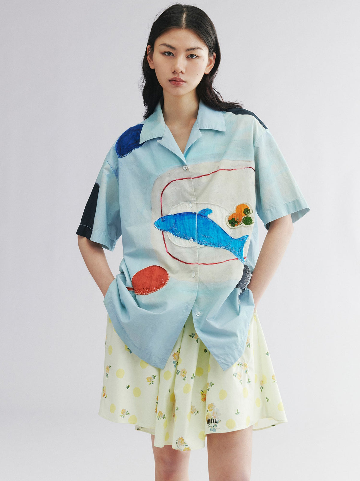 Hand-drawn fish-on-plate graphic shirt