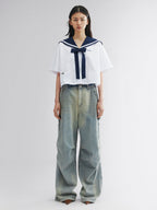 Fish & wine graphic sailor-collar shirt