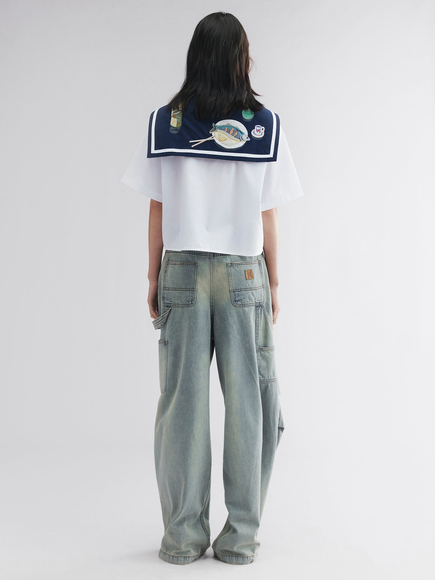 Fish & wine graphic sailor-collar shirt