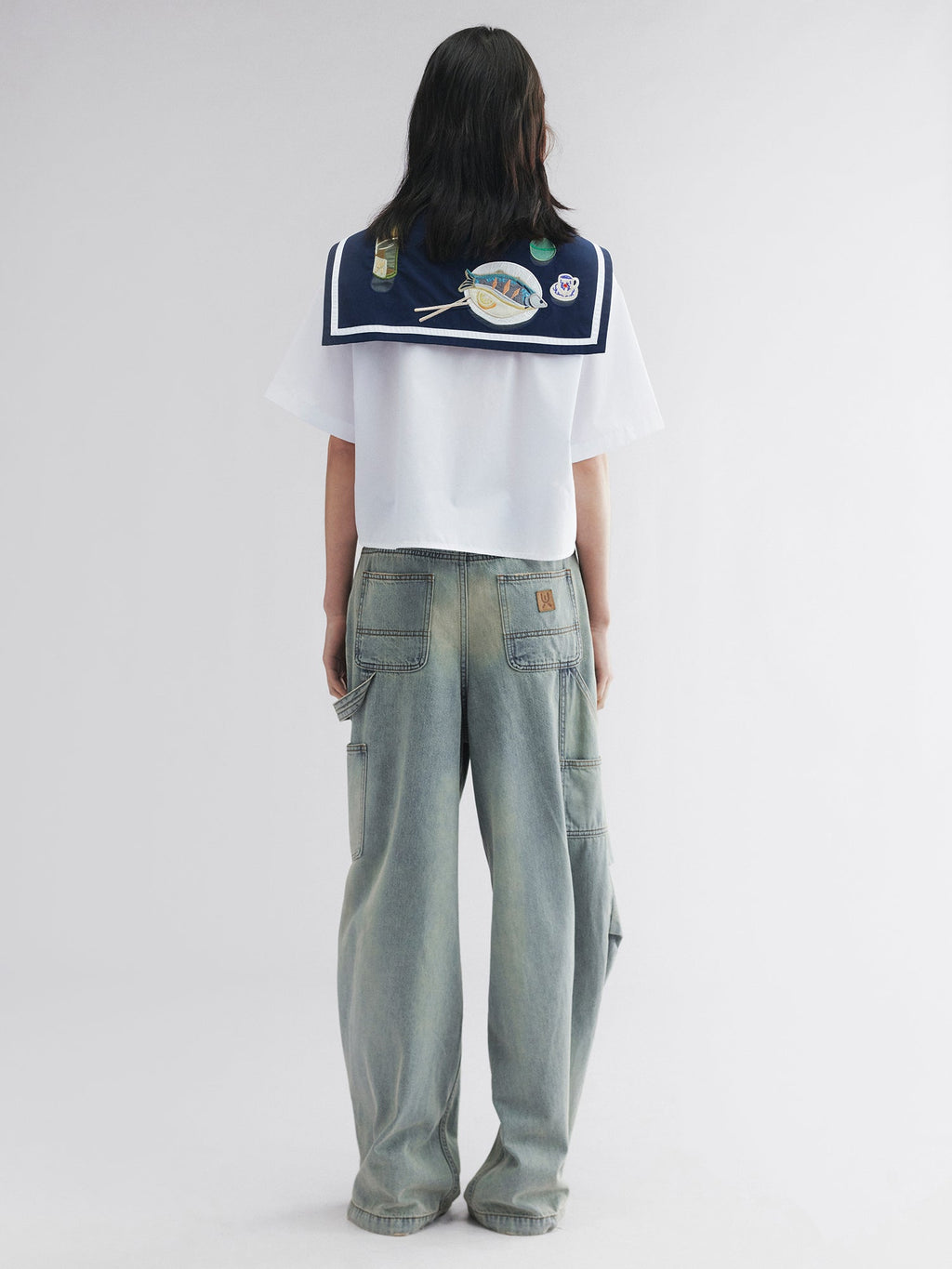 Fish & wine graphic sailor-collar shirt