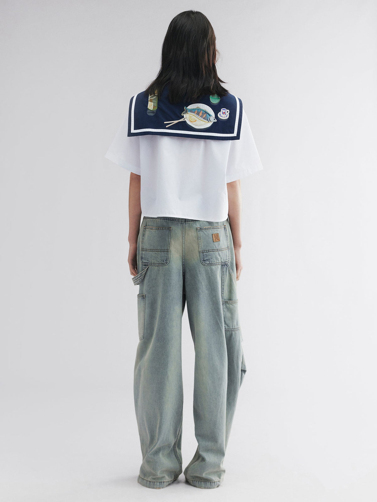 Fish & wine graphic sailor-collar shirt