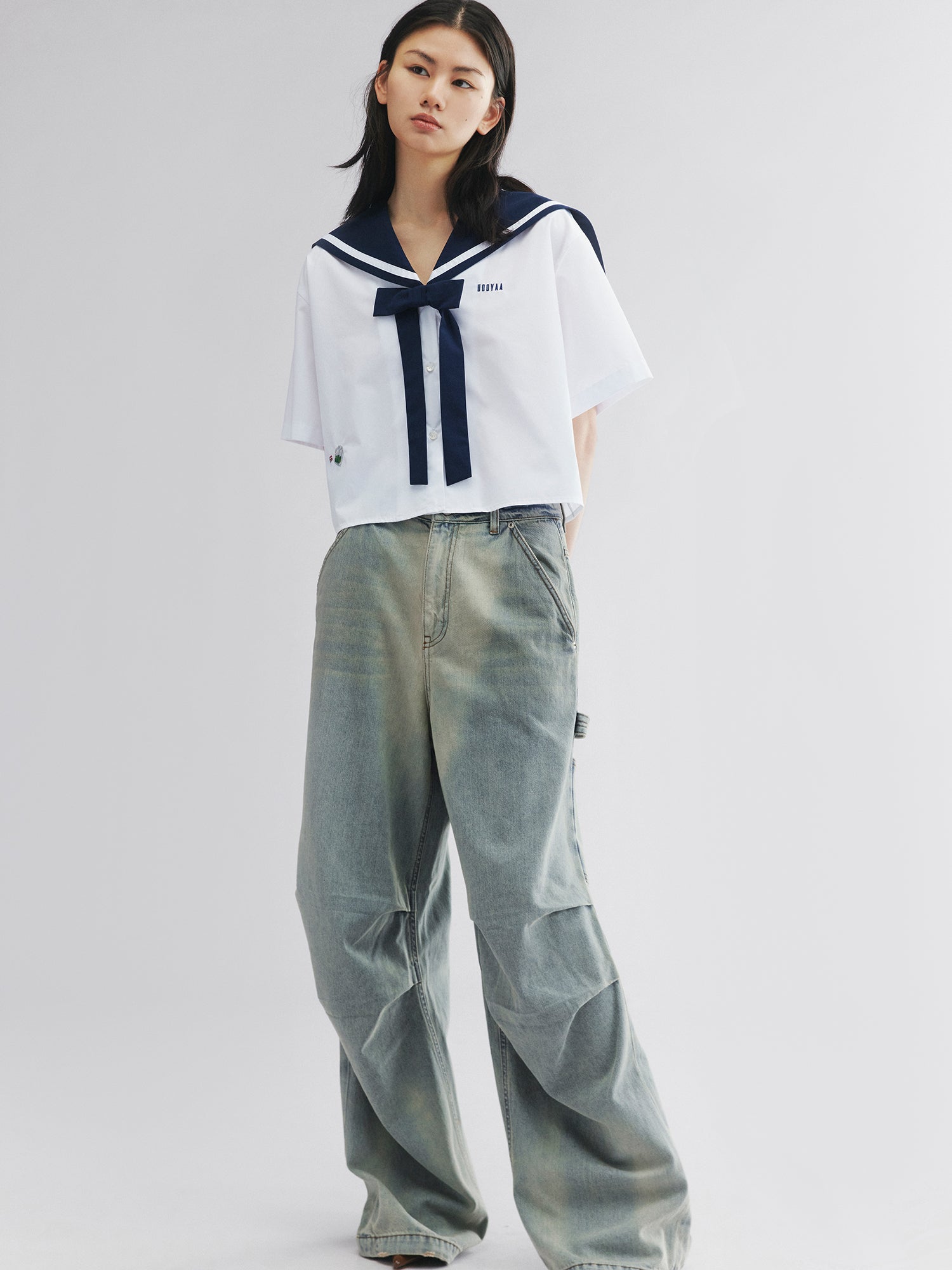 Fish & wine graphic sailor-collar shirt