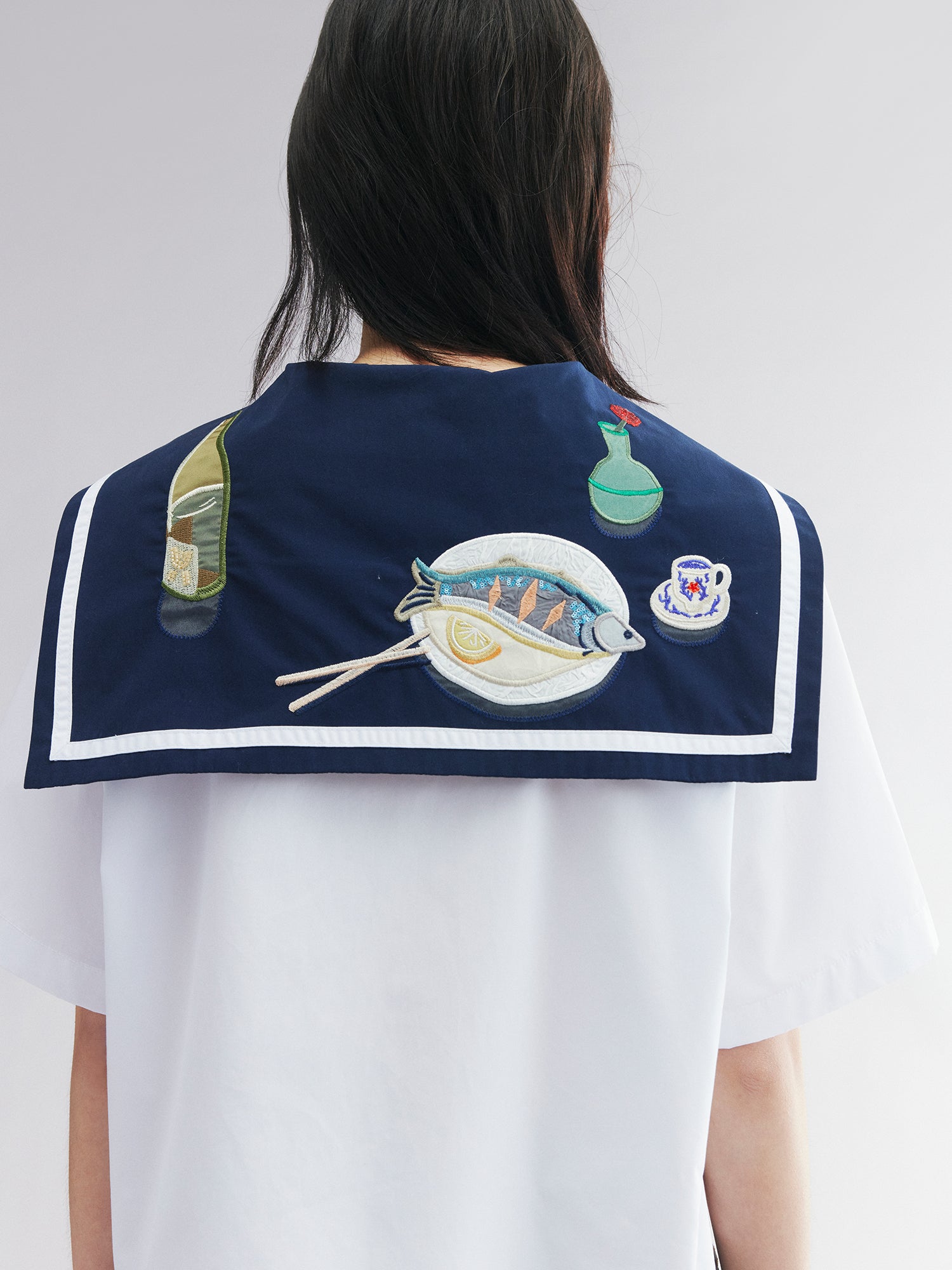 Fish & wine graphic sailor-collar shirt