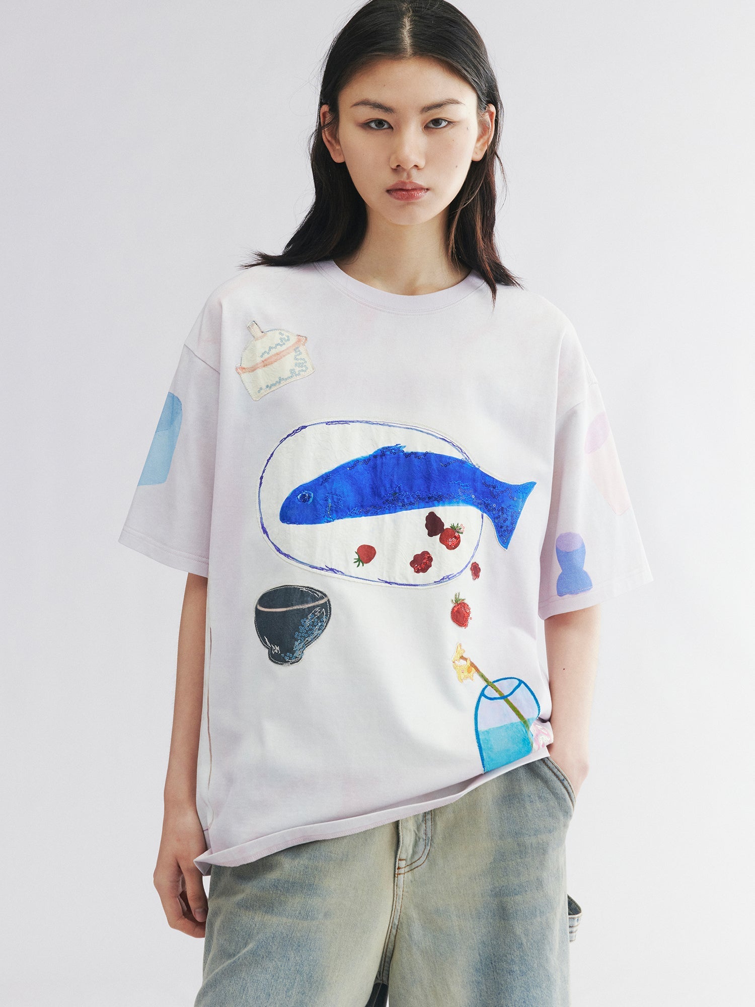 Hand-drawn fish-on-plate graphic tee