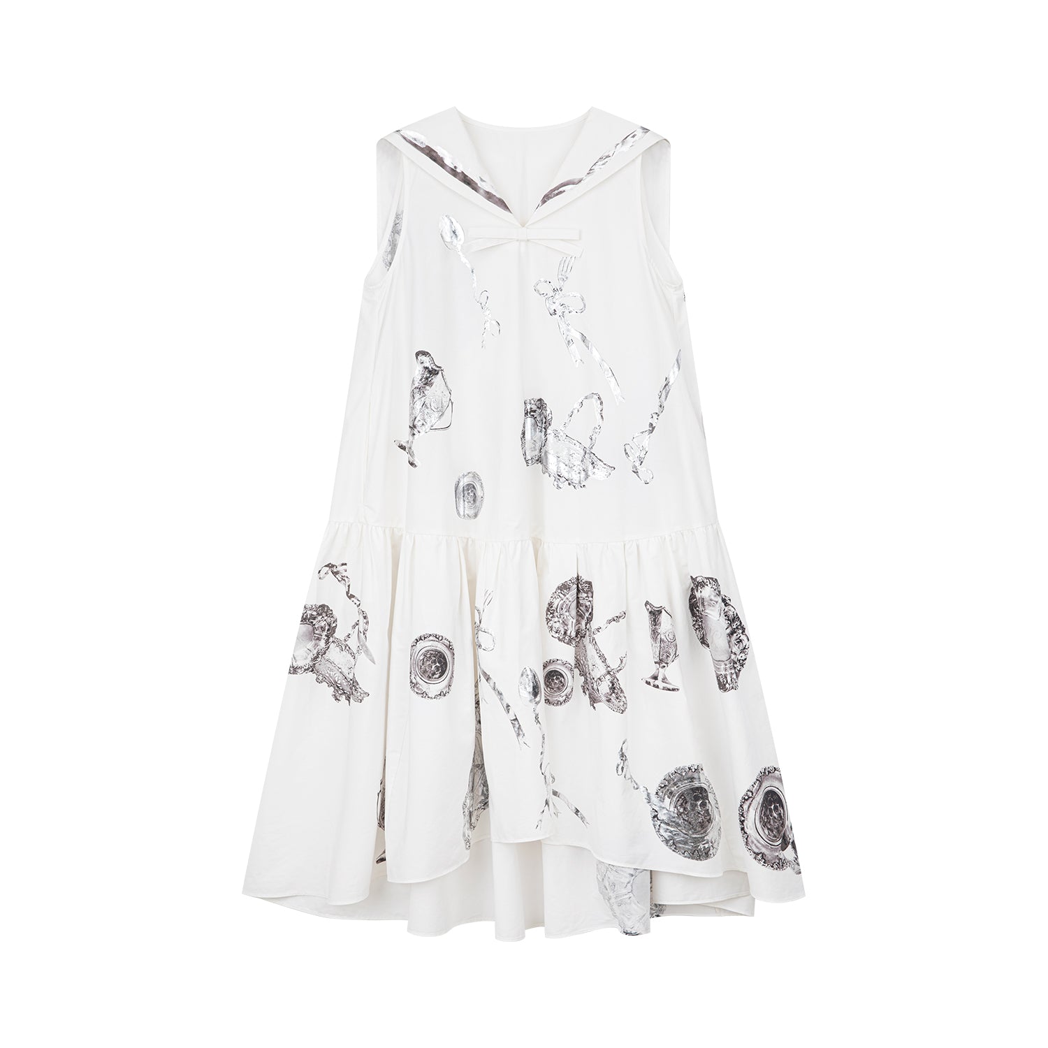 Sailor tank dress with cutlery motif and silver foil