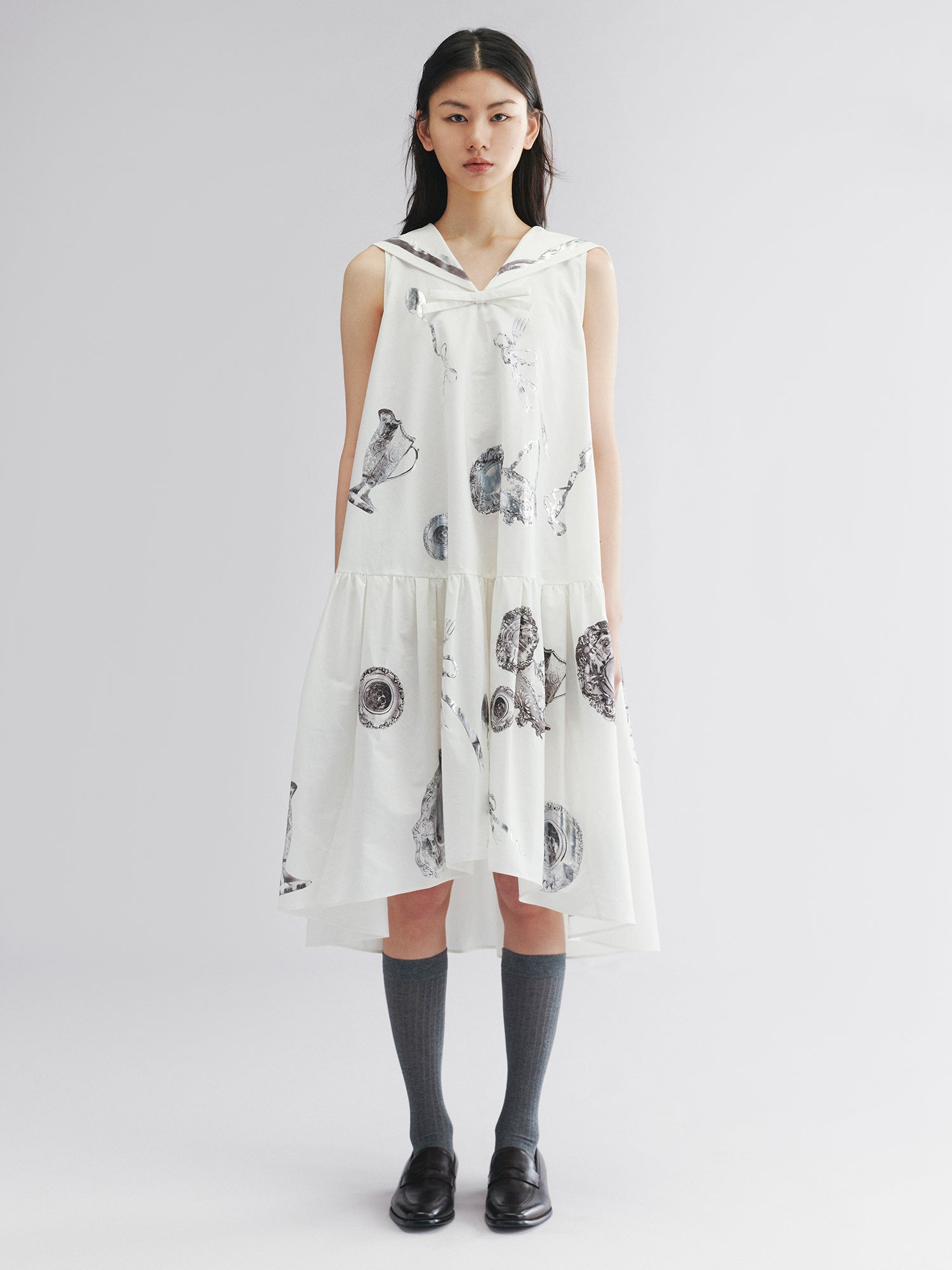 Sailor tank dress with cutlery motif and silver foil