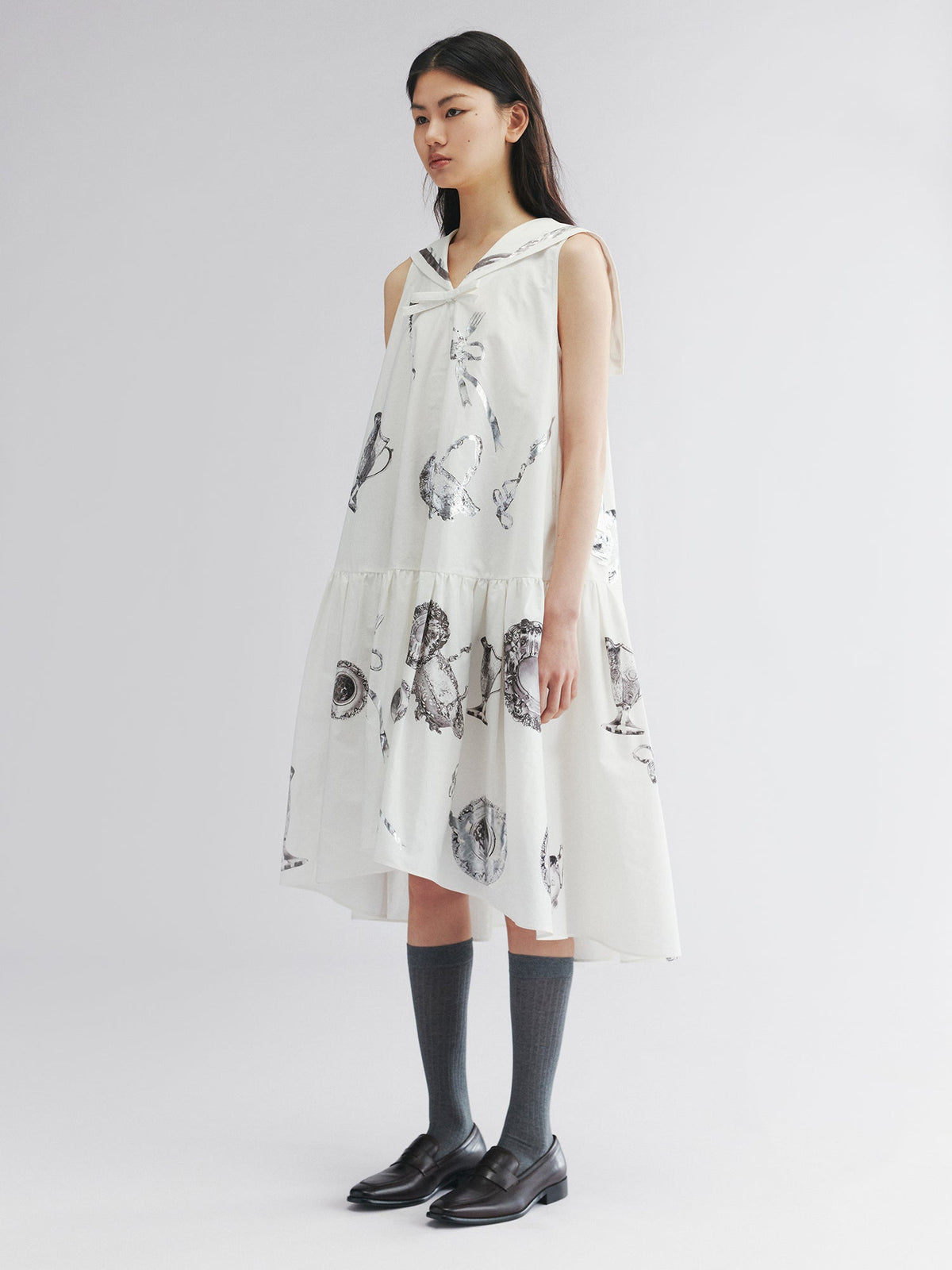 Sailor tank dress with cutlery motif and silver foil