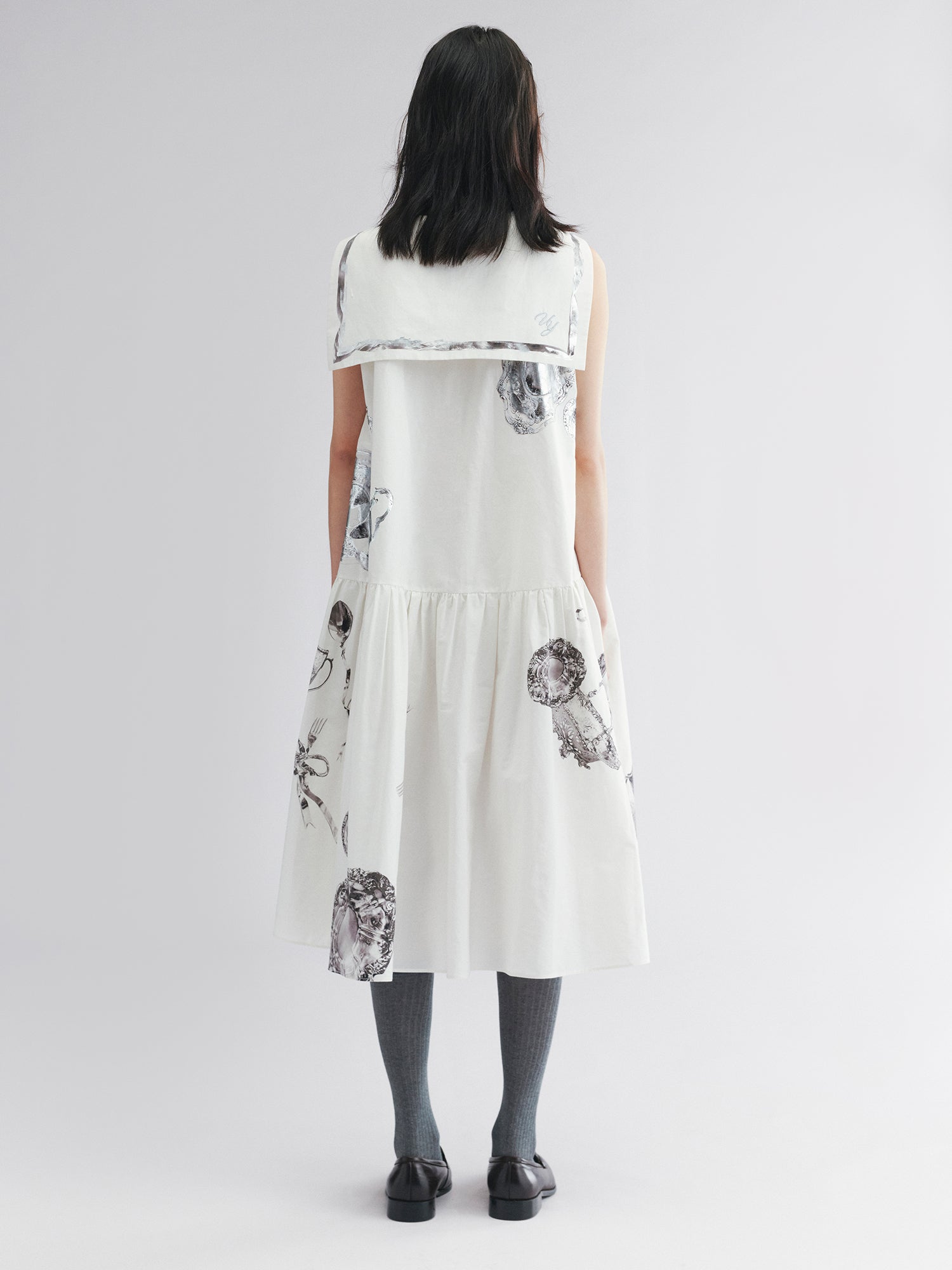 Sailor tank dress with cutlery motif and silver foil