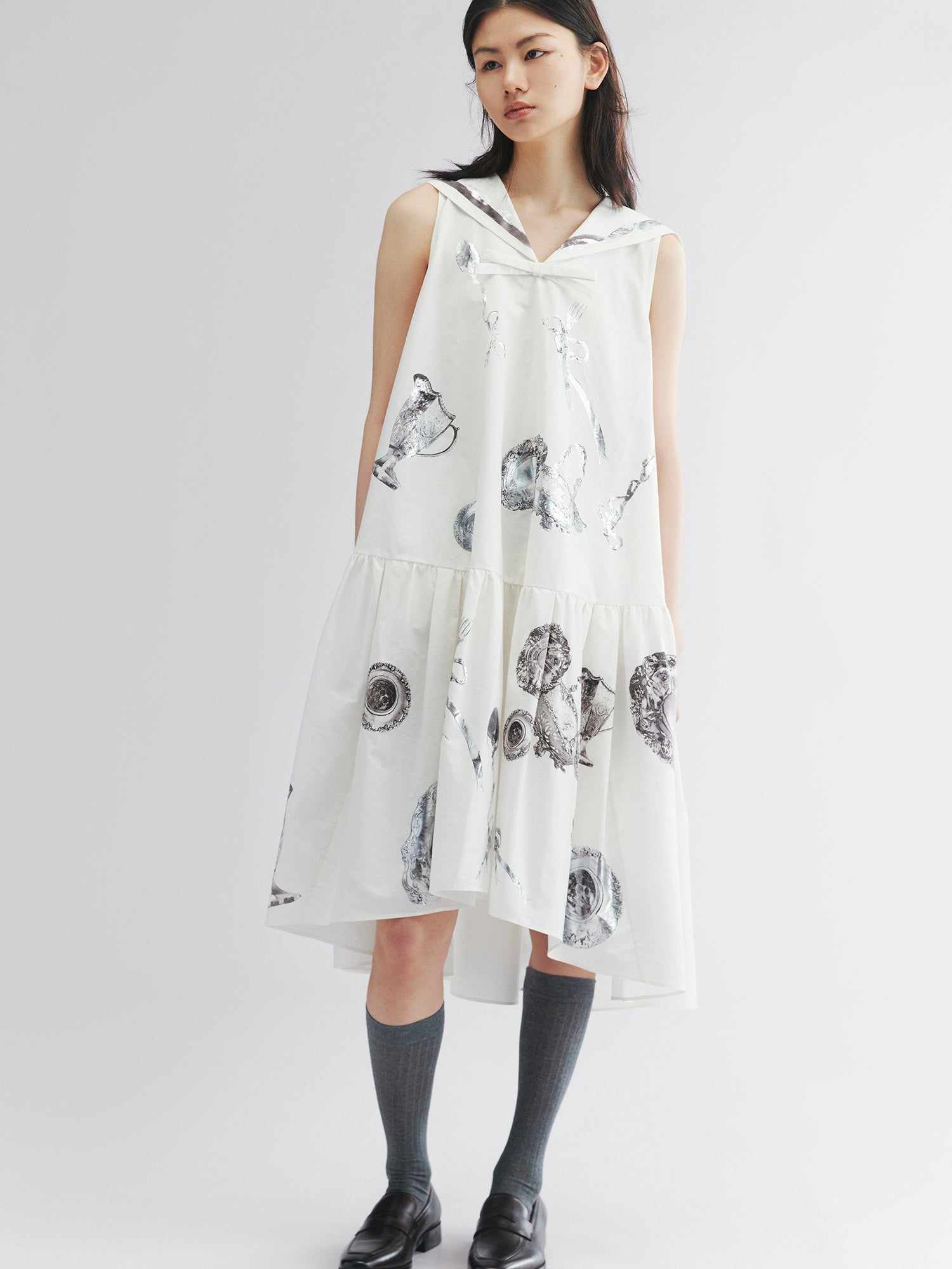 Sailor tank dress with cutlery motif and silver foil