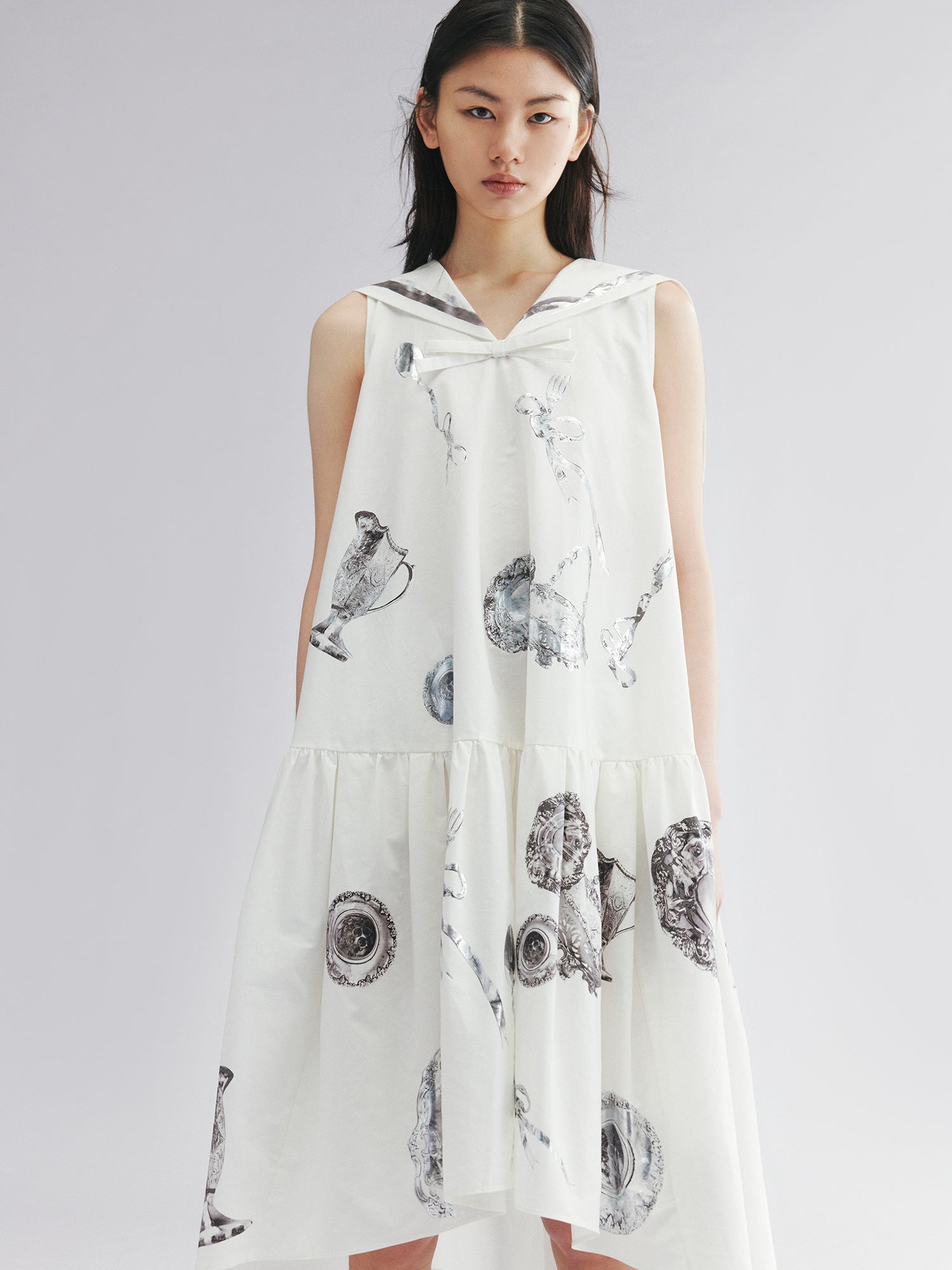 Sailor tank dress with cutlery motif and silver foil