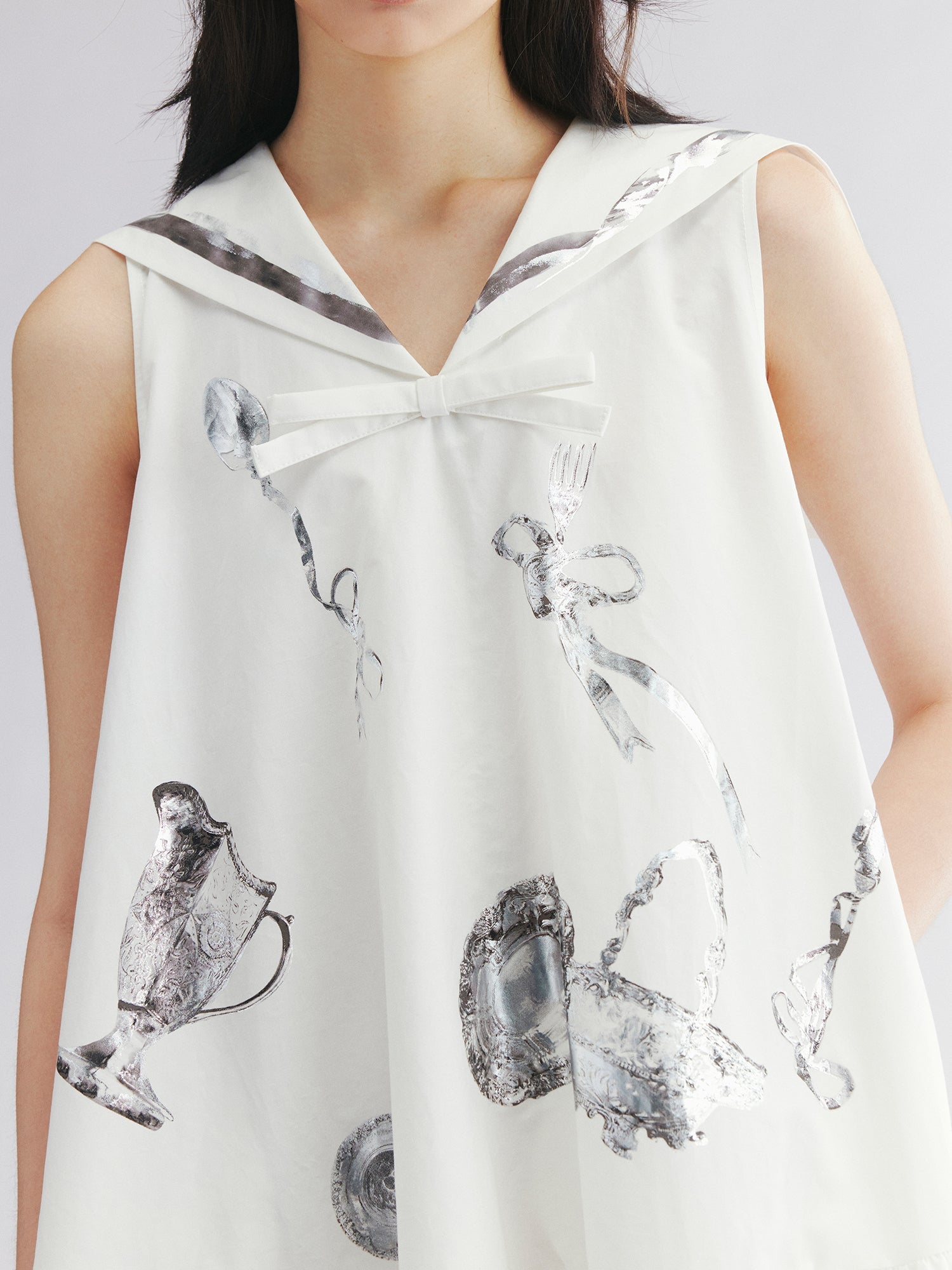 Sailor tank dress with cutlery motif and silver foil