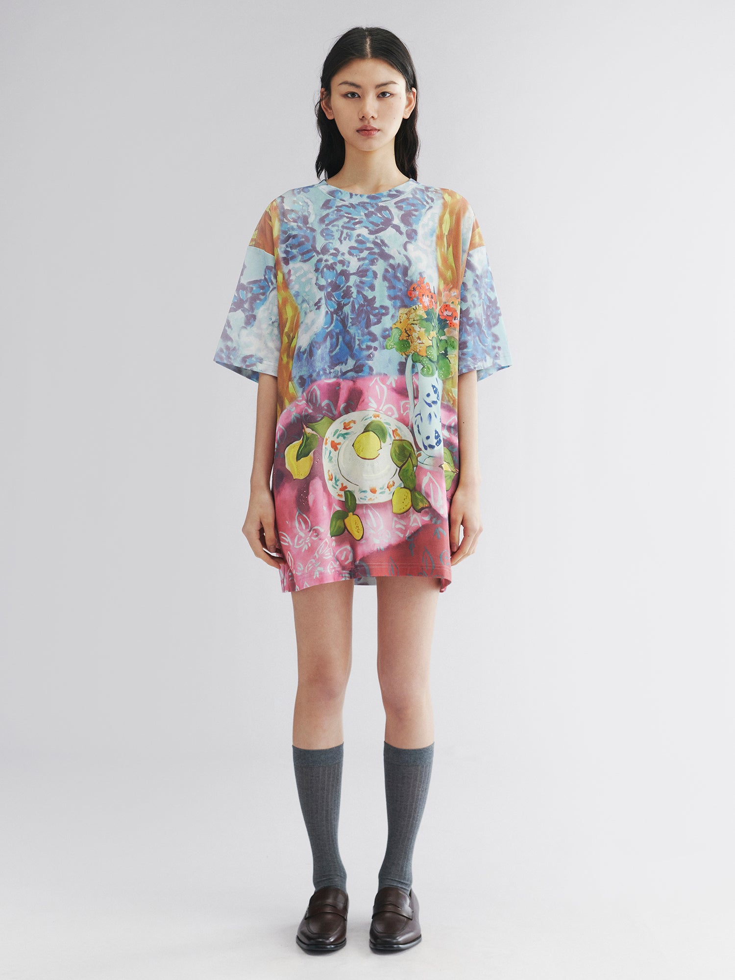 Oil painting floral fruit graphic tee dress