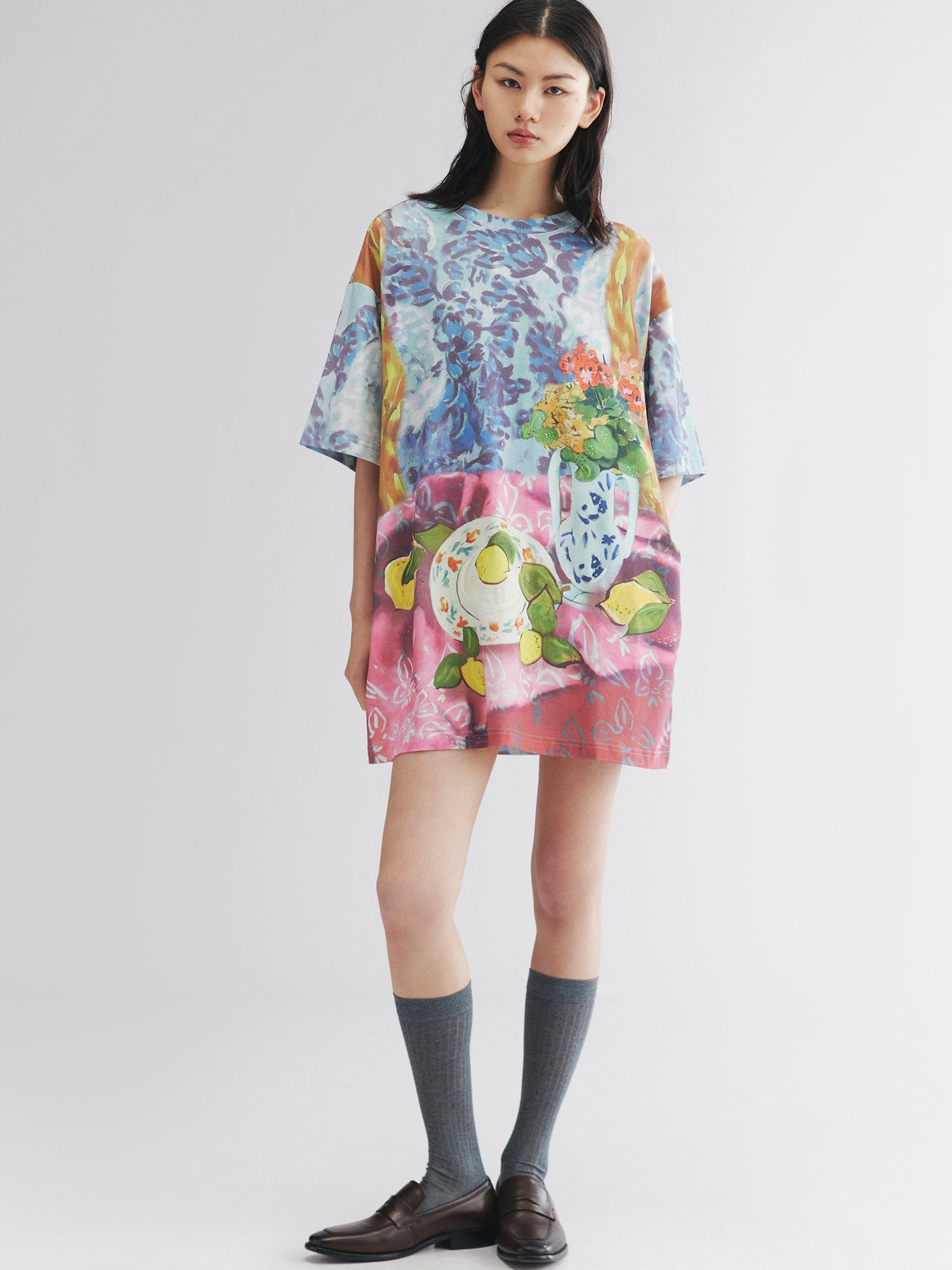 Oil painting floral fruit graphic tee dress