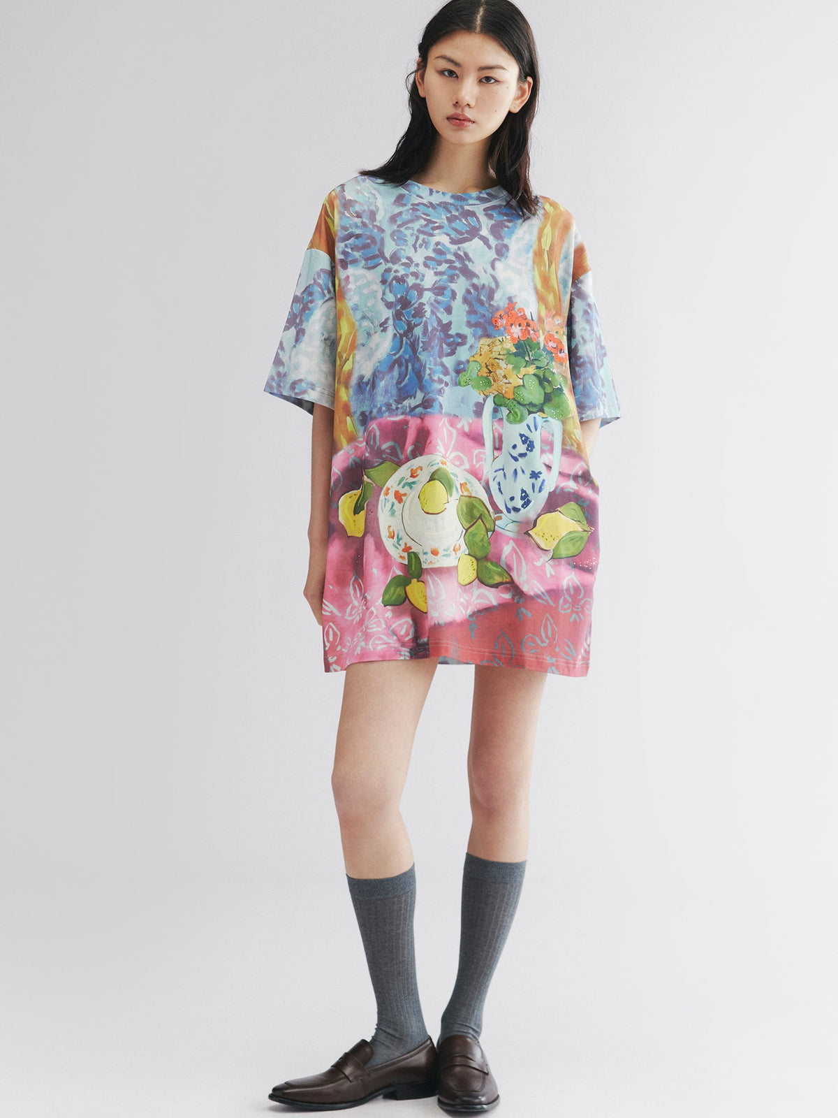 Oil painting floral fruit graphic tee dress