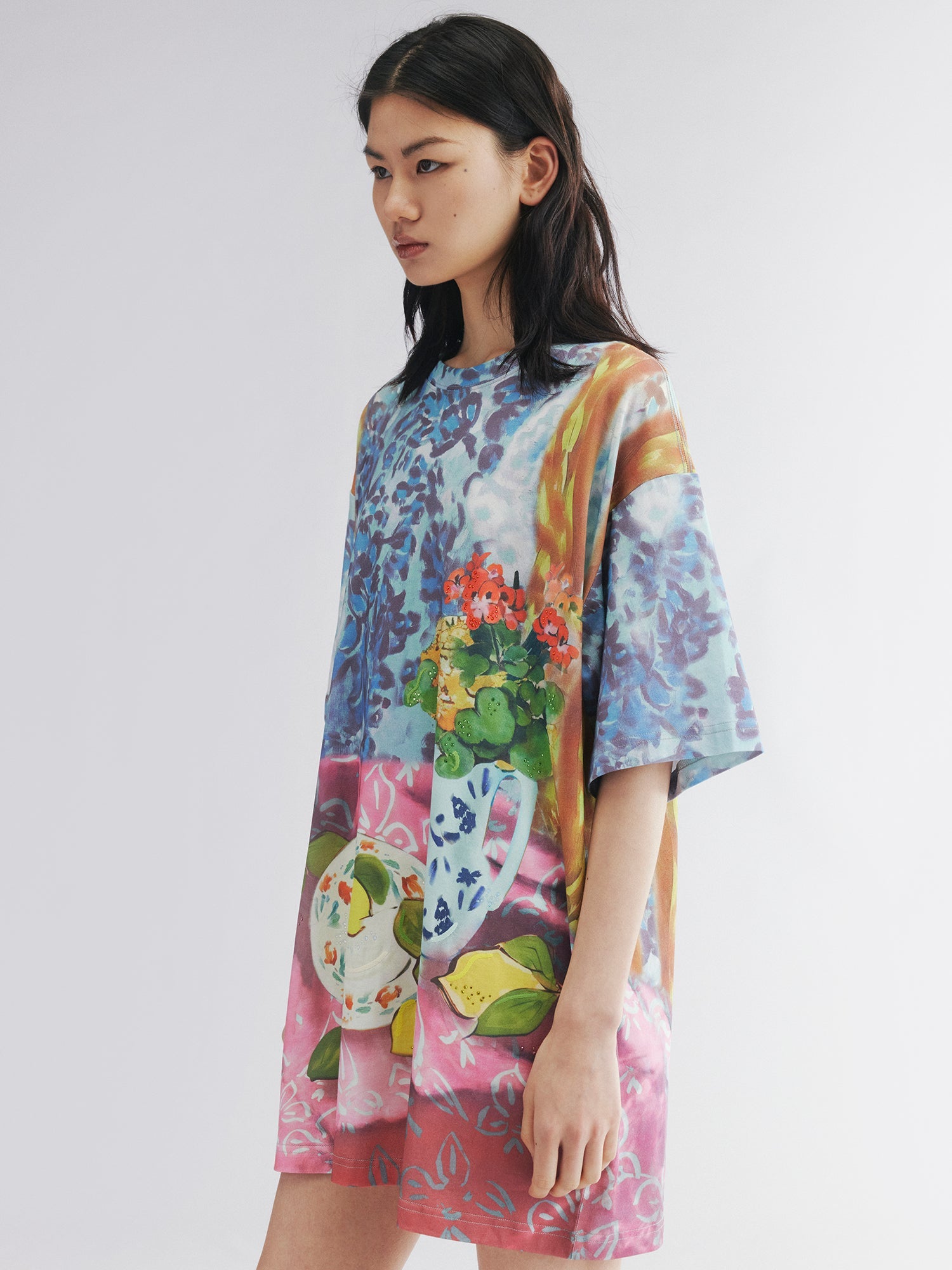 Oil painting floral fruit graphic tee dress