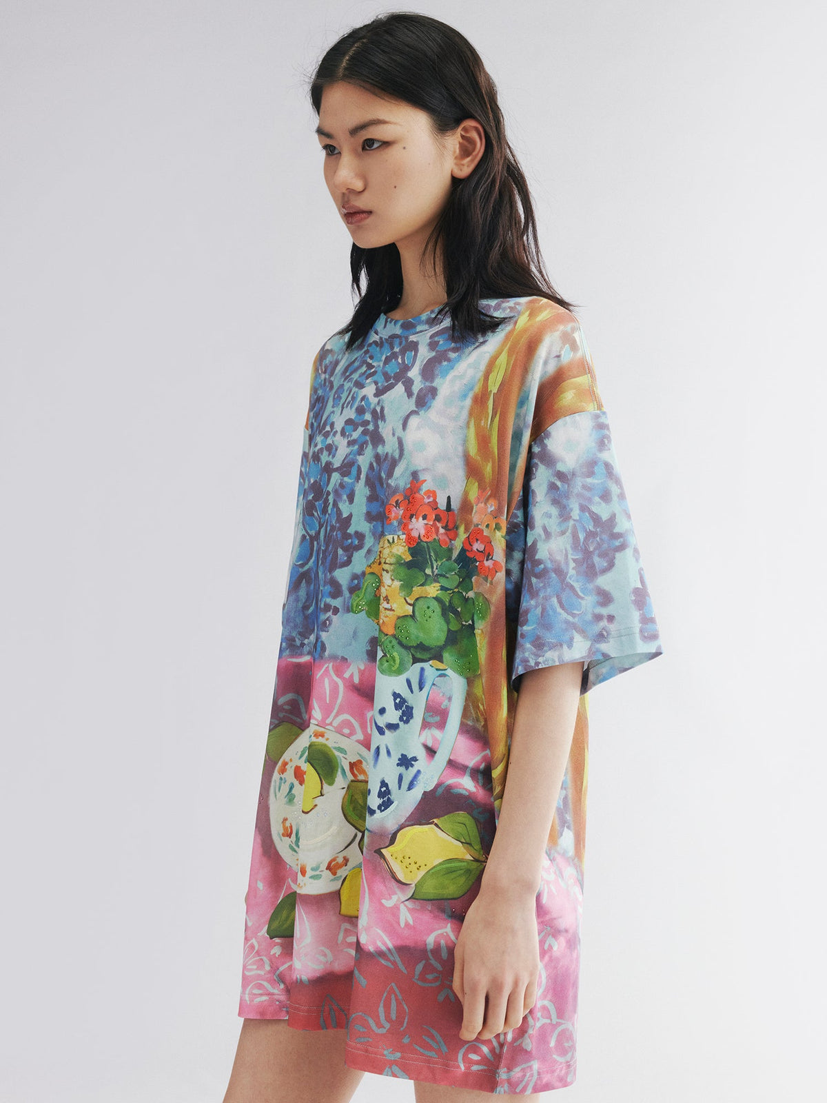 Oil painting floral fruit graphic tee dress