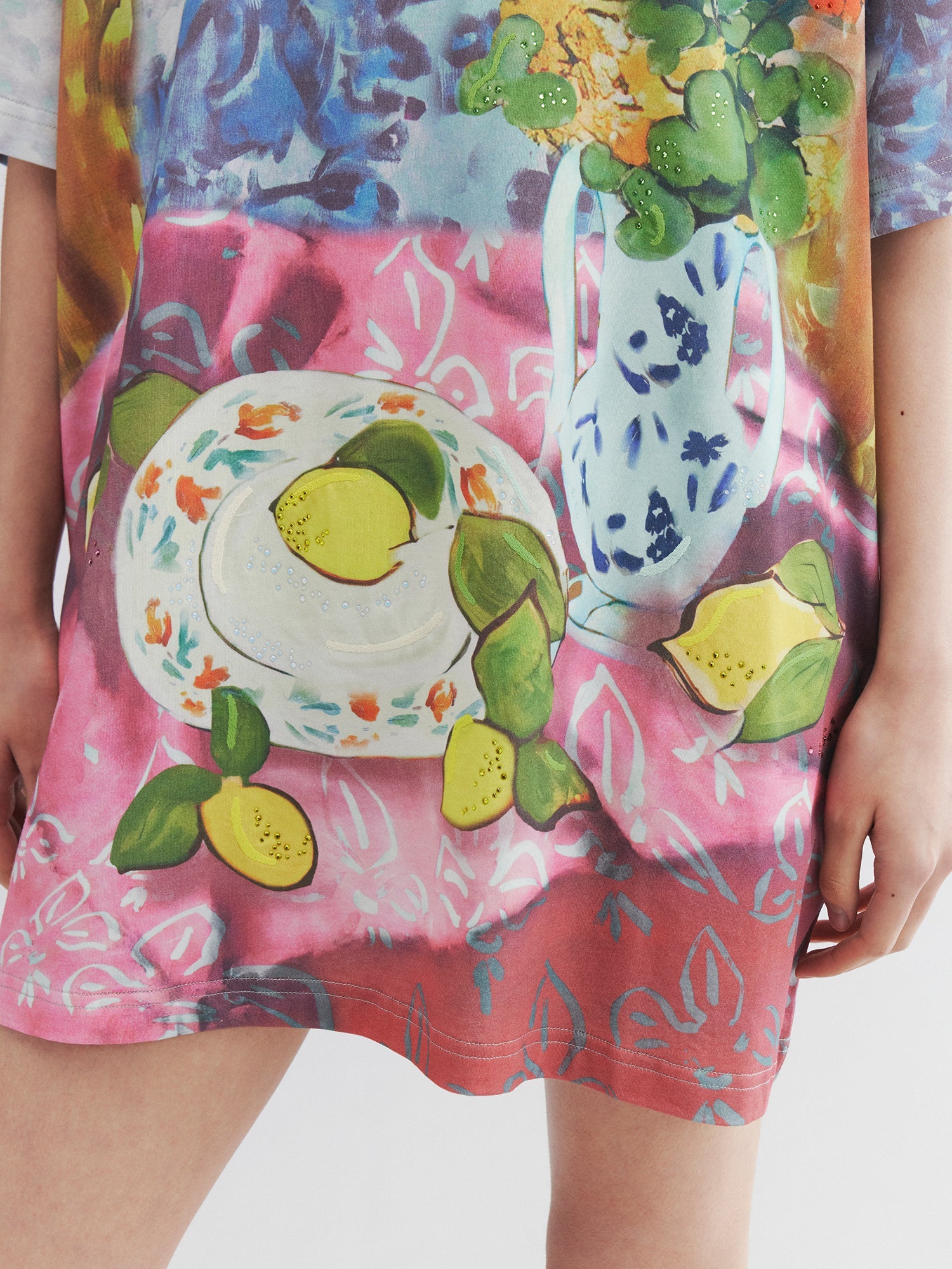 Oil painting floral fruit graphic tee dress