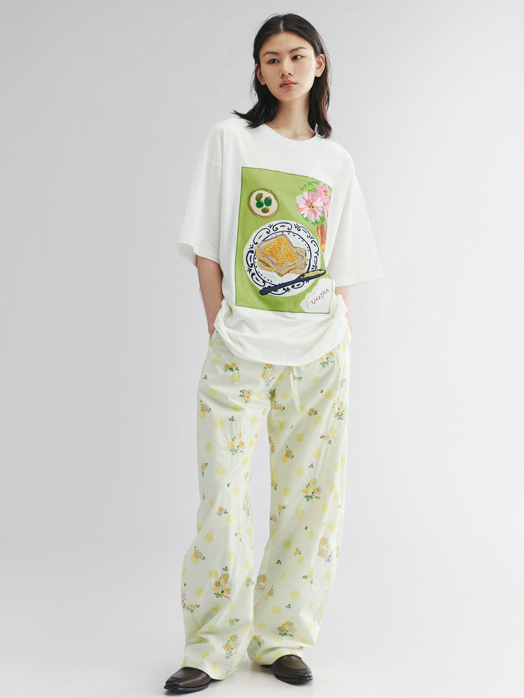 Yellow floral print drawstring pants