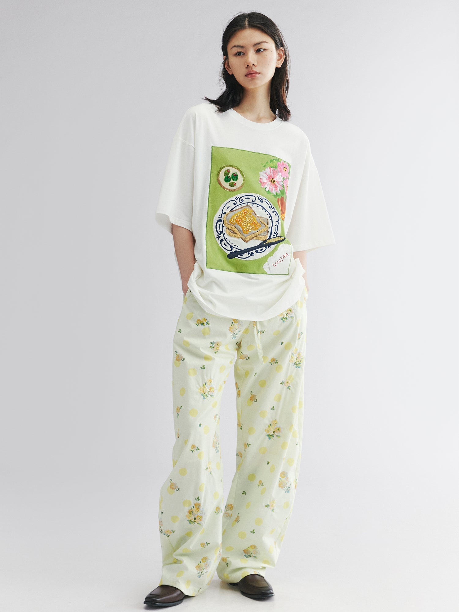 Yellow floral print drawstring pants