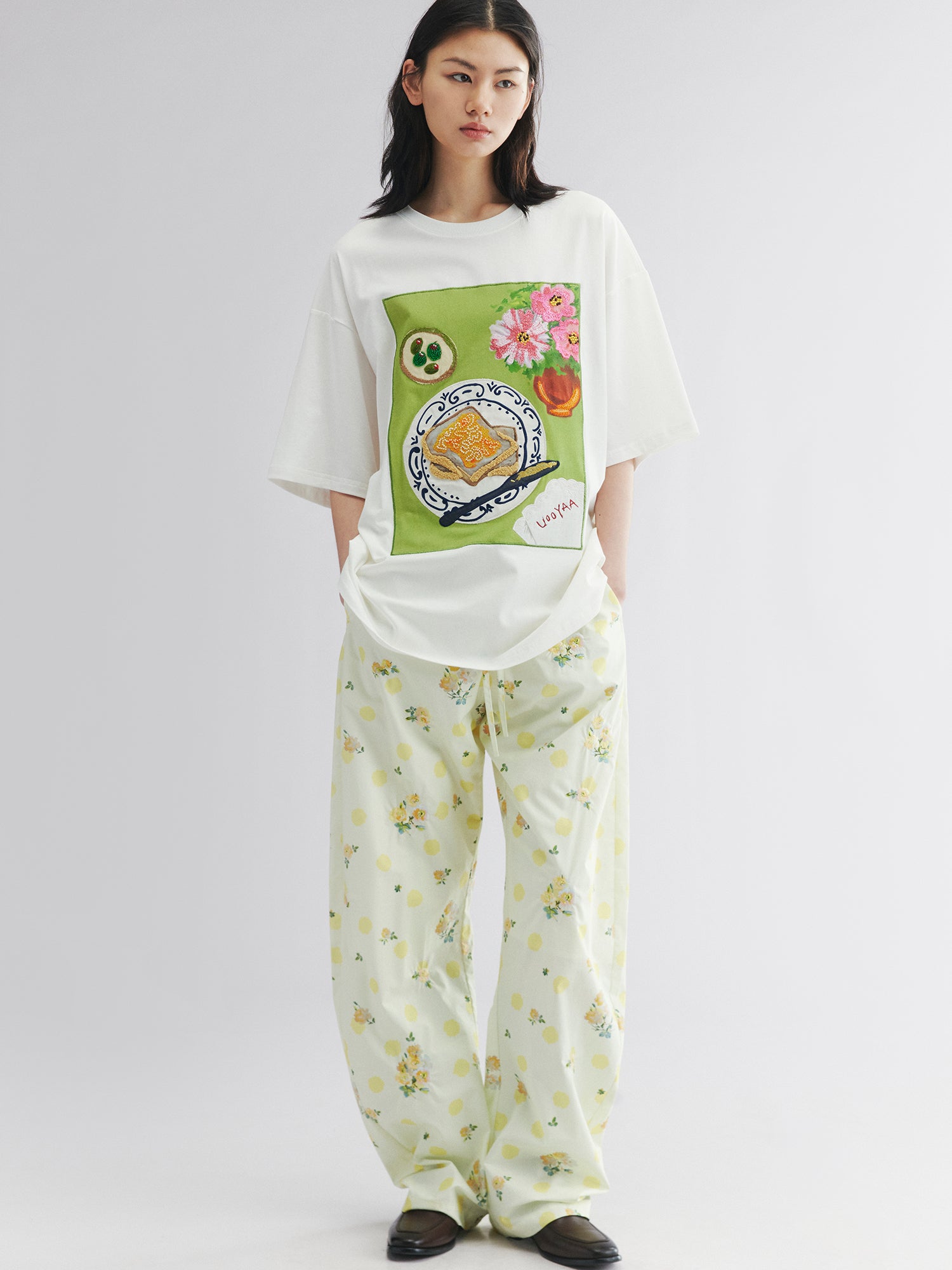 Yellow floral print drawstring pants