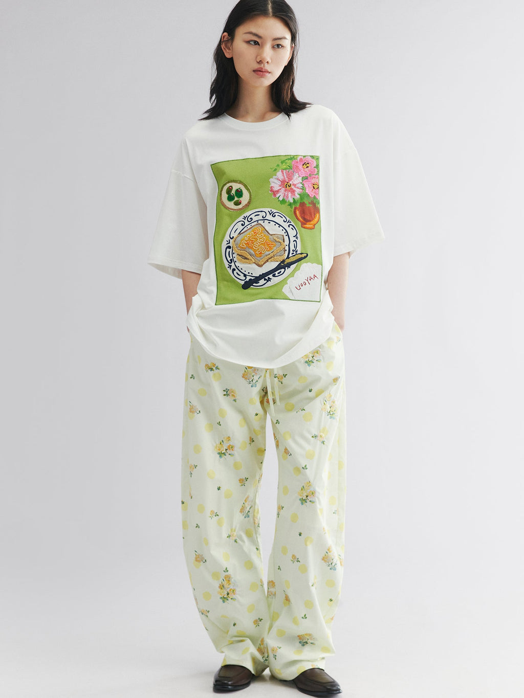 Yellow floral print drawstring pants