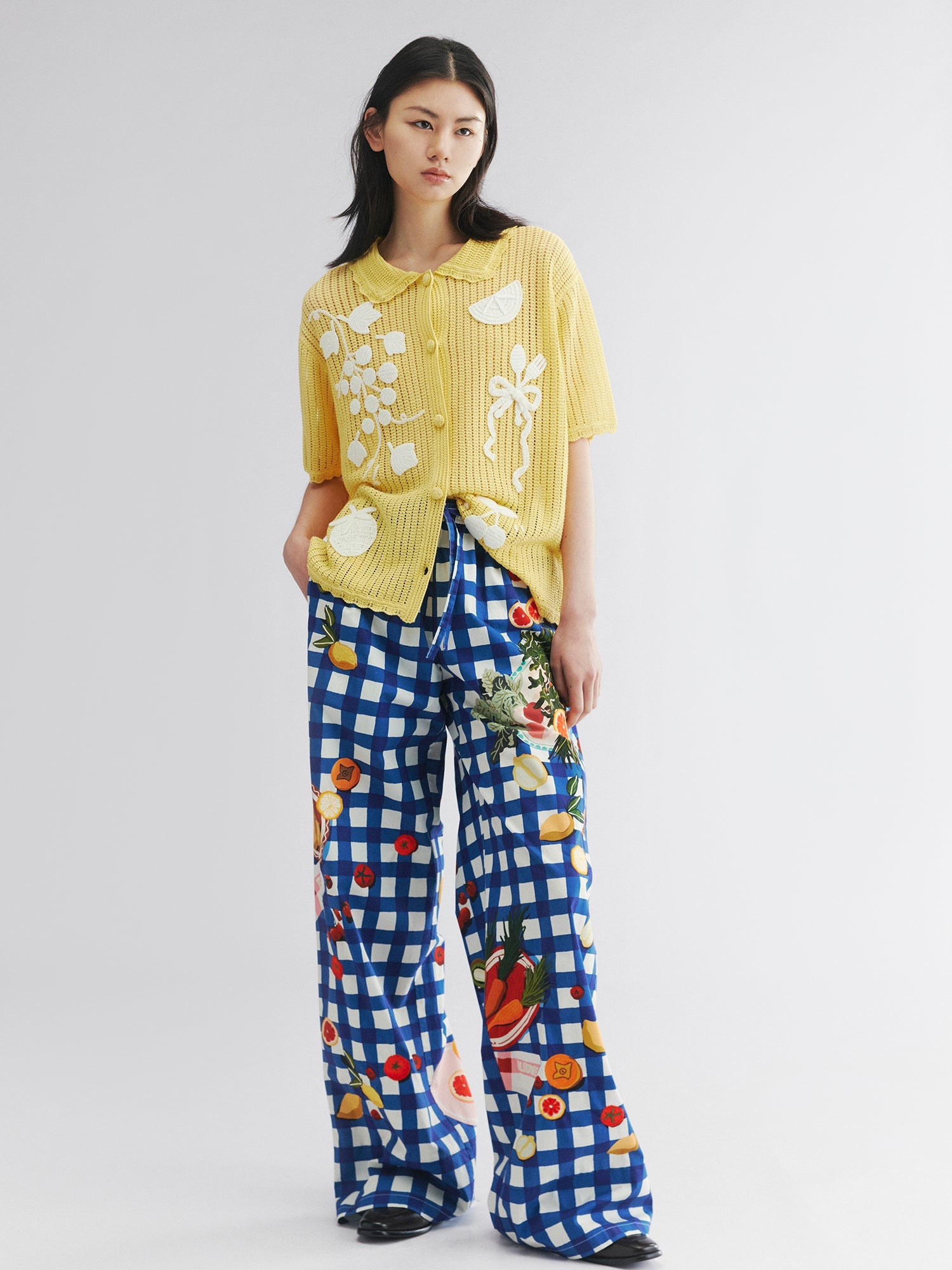 Picnic scene graphic trousers