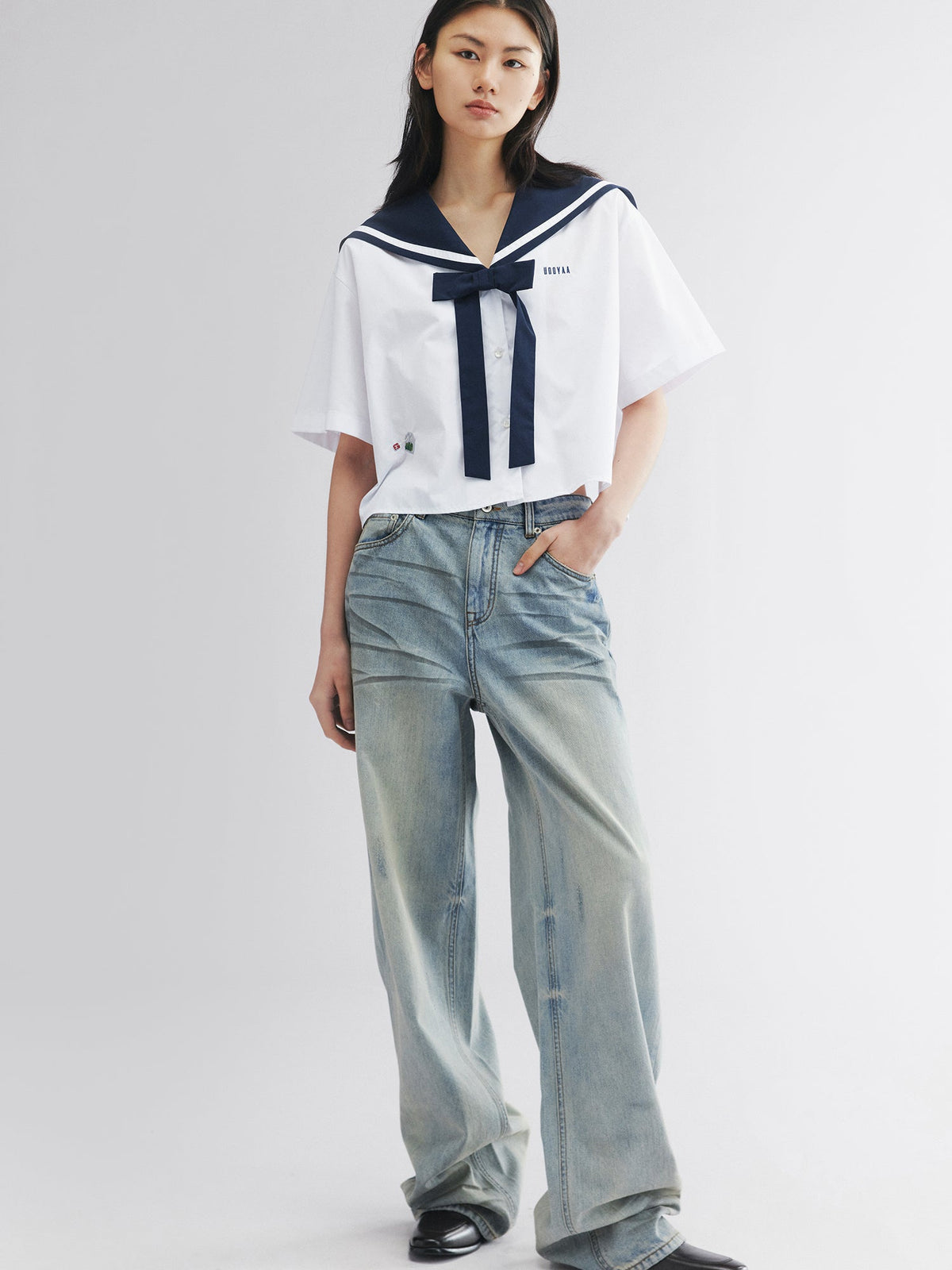 Whiskered crinkled denim pants