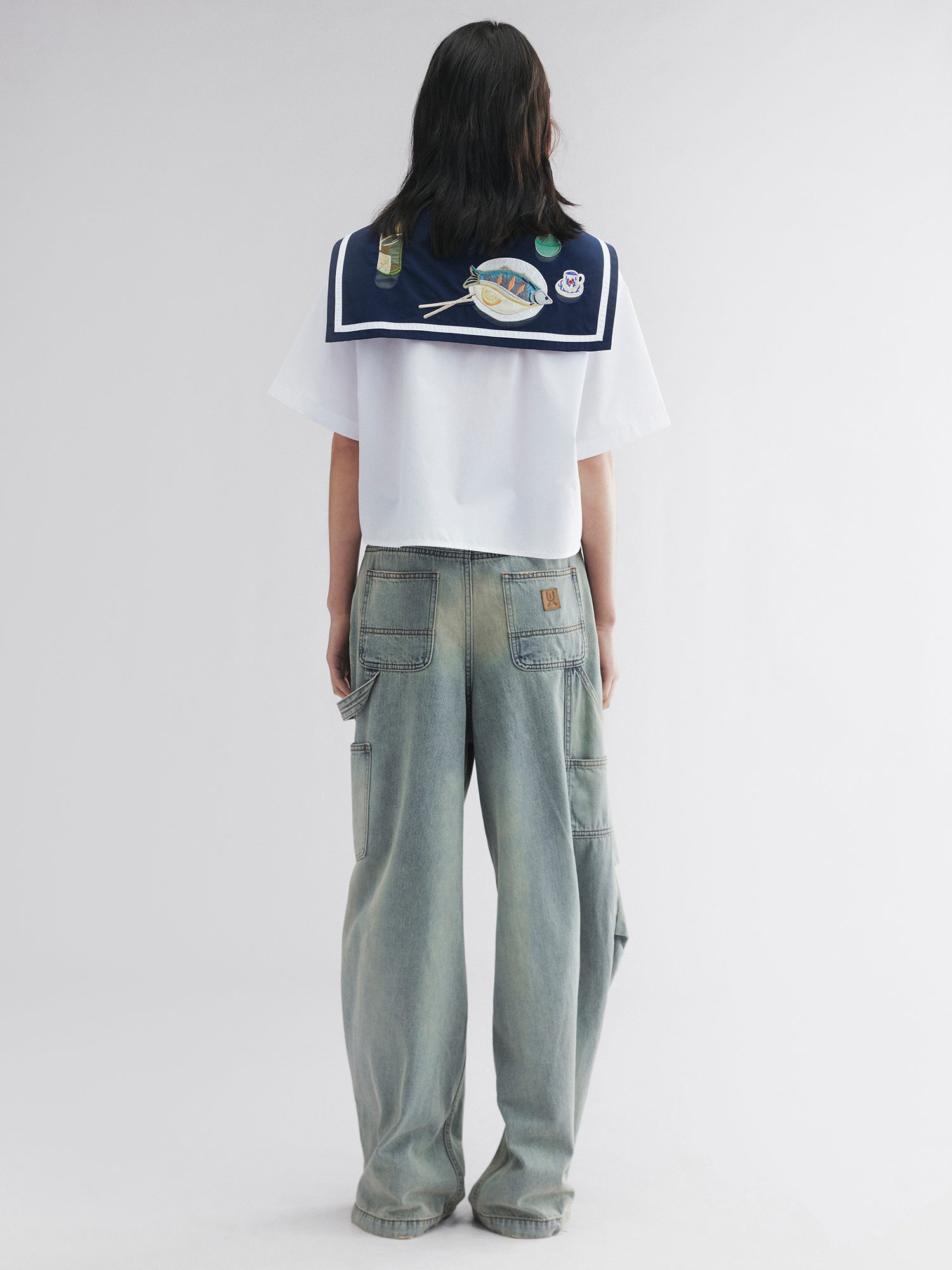 Washed denim parachute pants