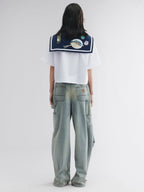 Washed denim parachute pants