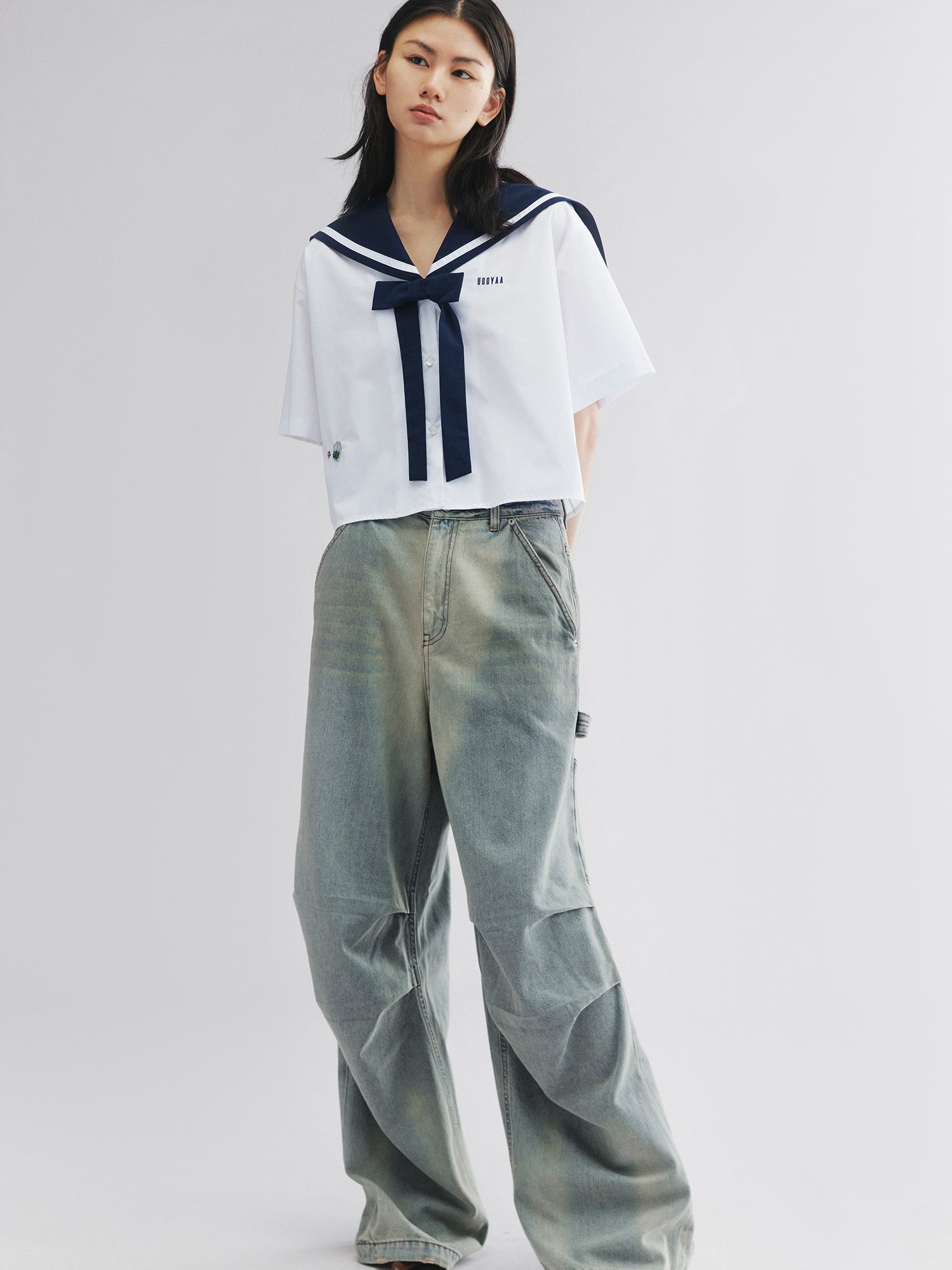 Washed denim parachute pants