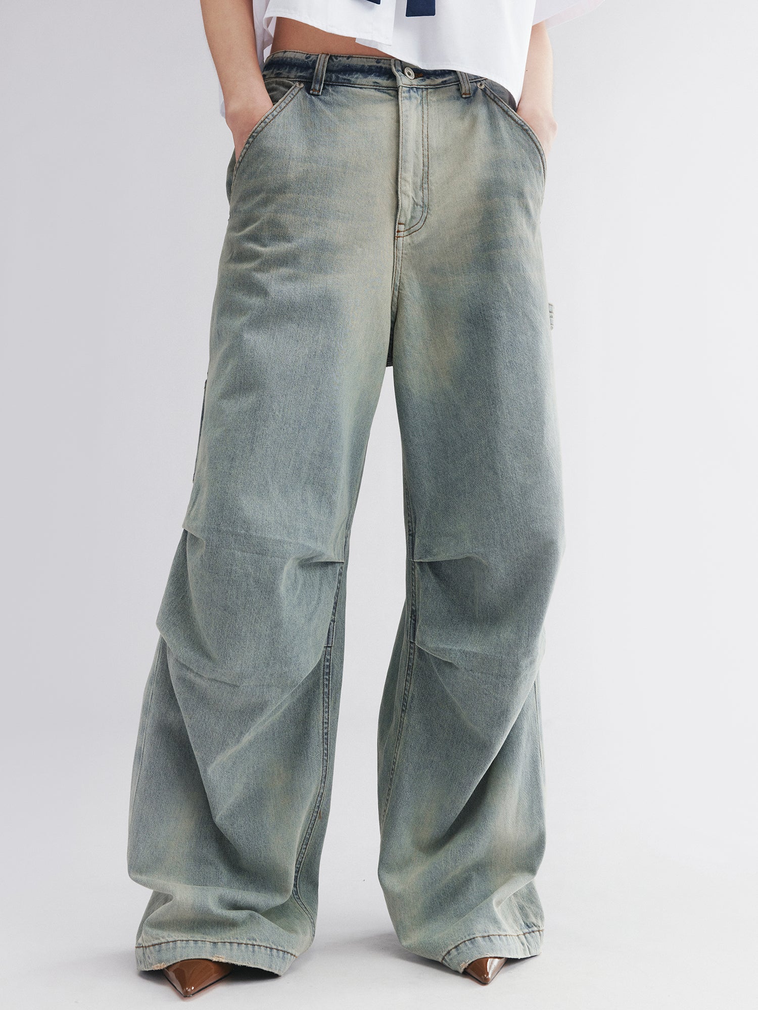Washed denim parachute pants