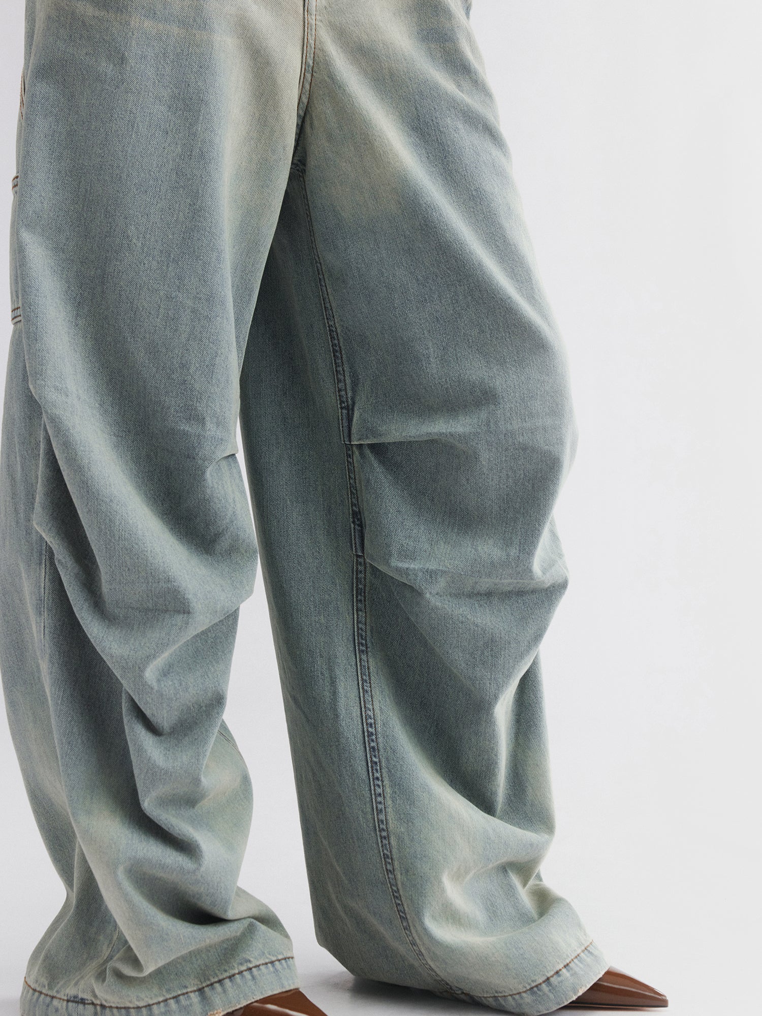 Washed denim parachute pants