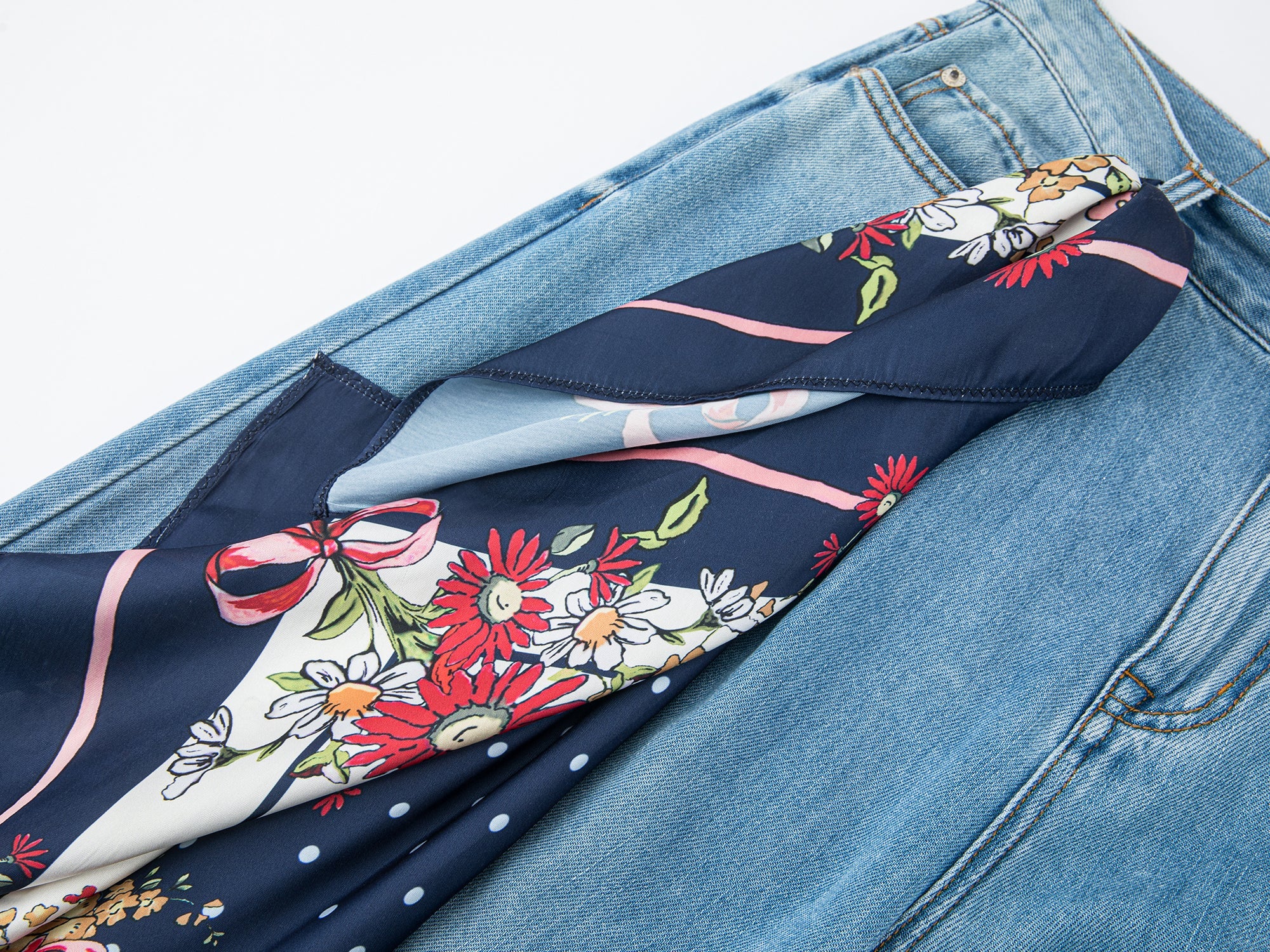 Scarf-tied floral denim