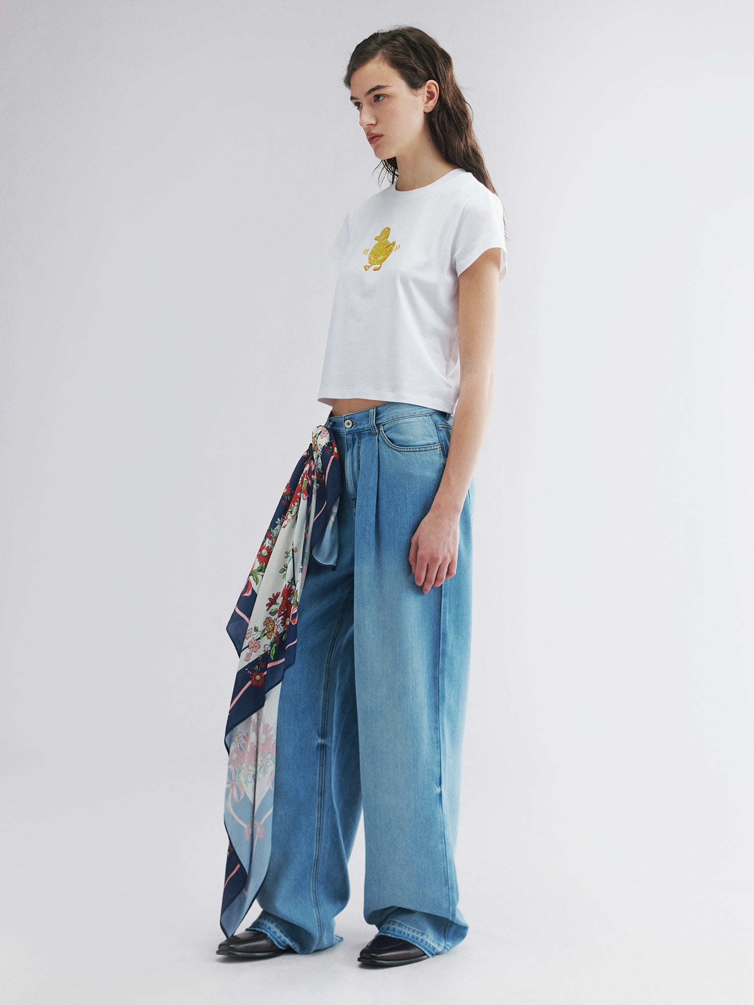Scarf-tied floral denim