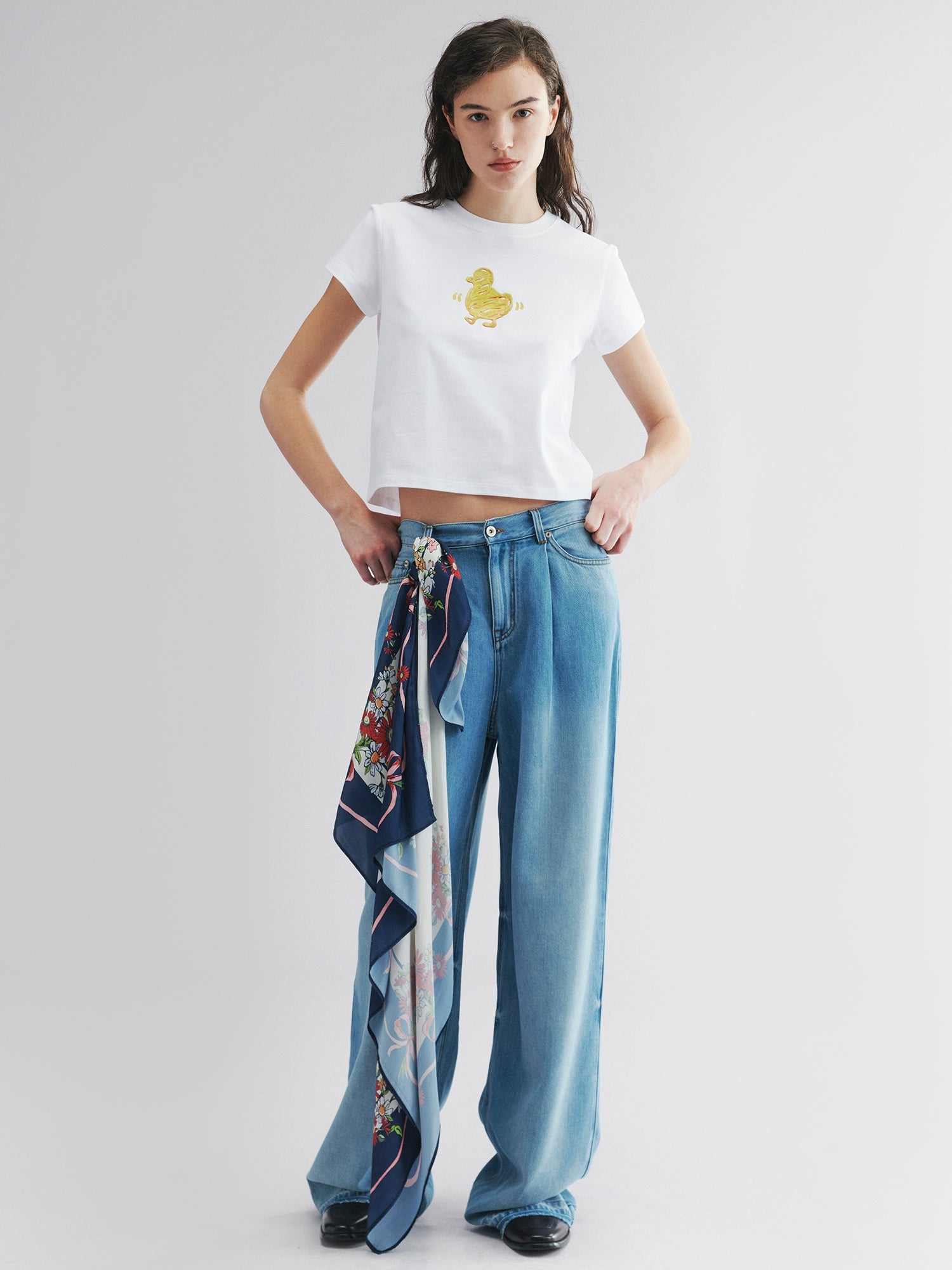 Scarf-tied floral denim