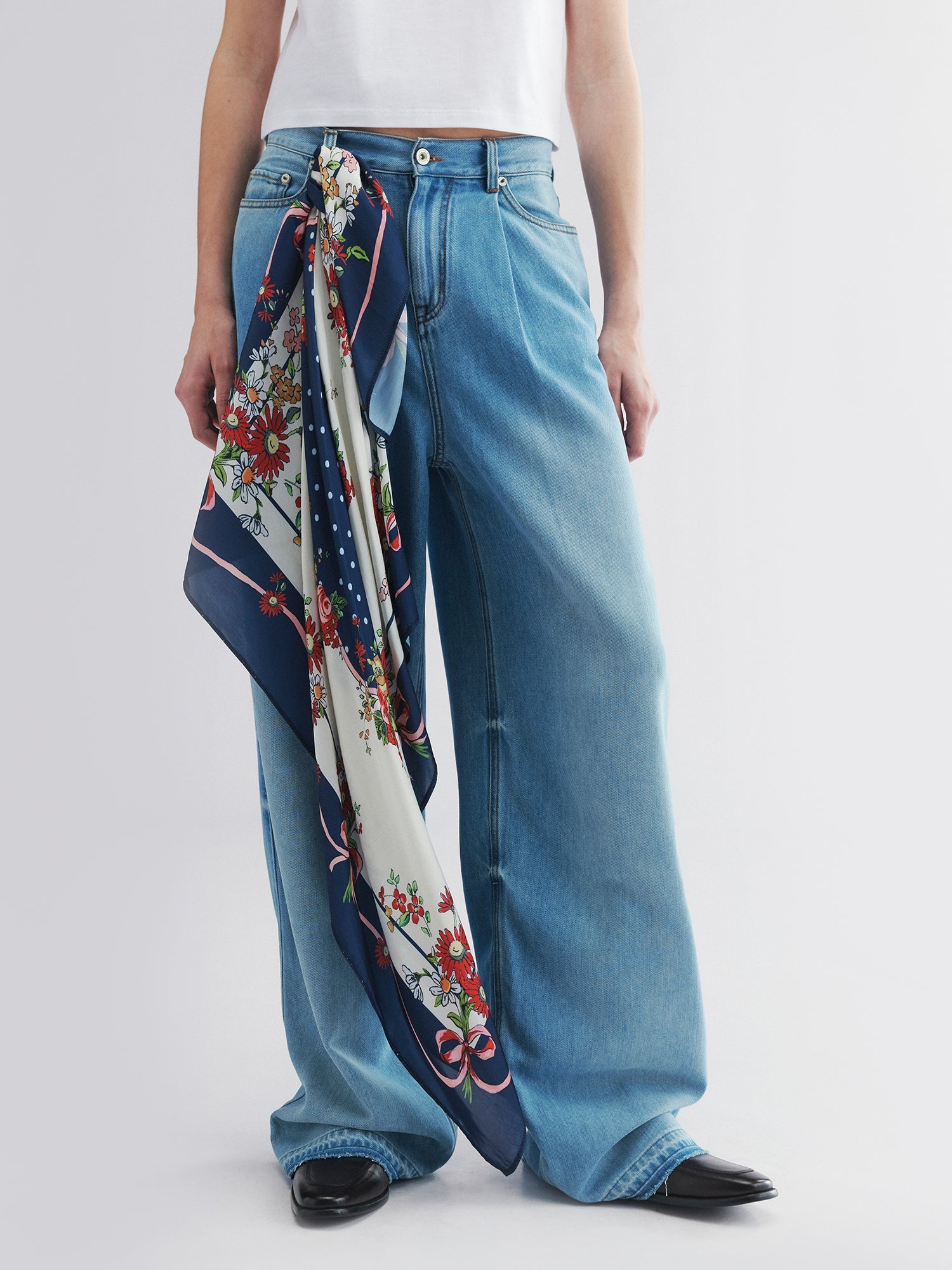 Scarf-tied floral denim
