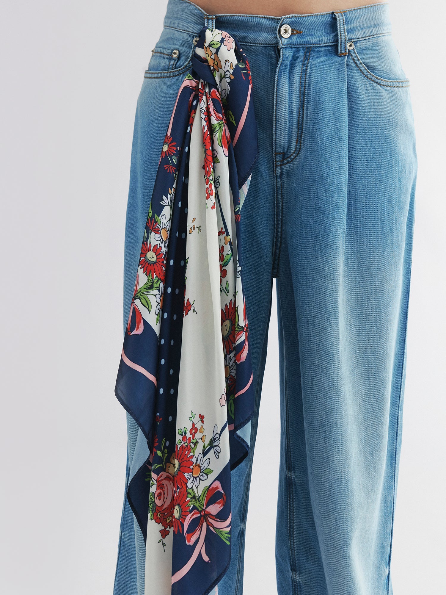 Scarf-tied floral denim