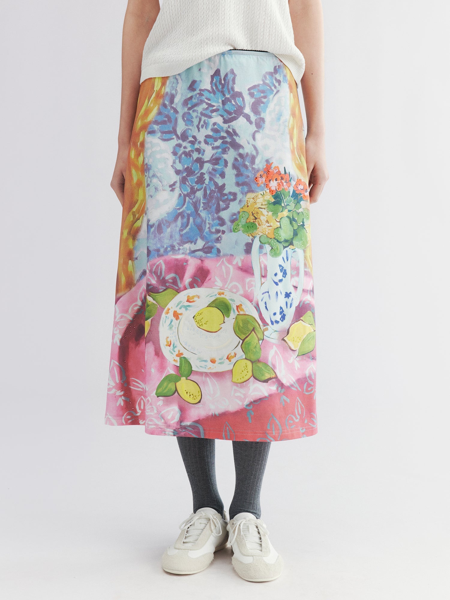 Oil painting floral fruit graphic tee skirt